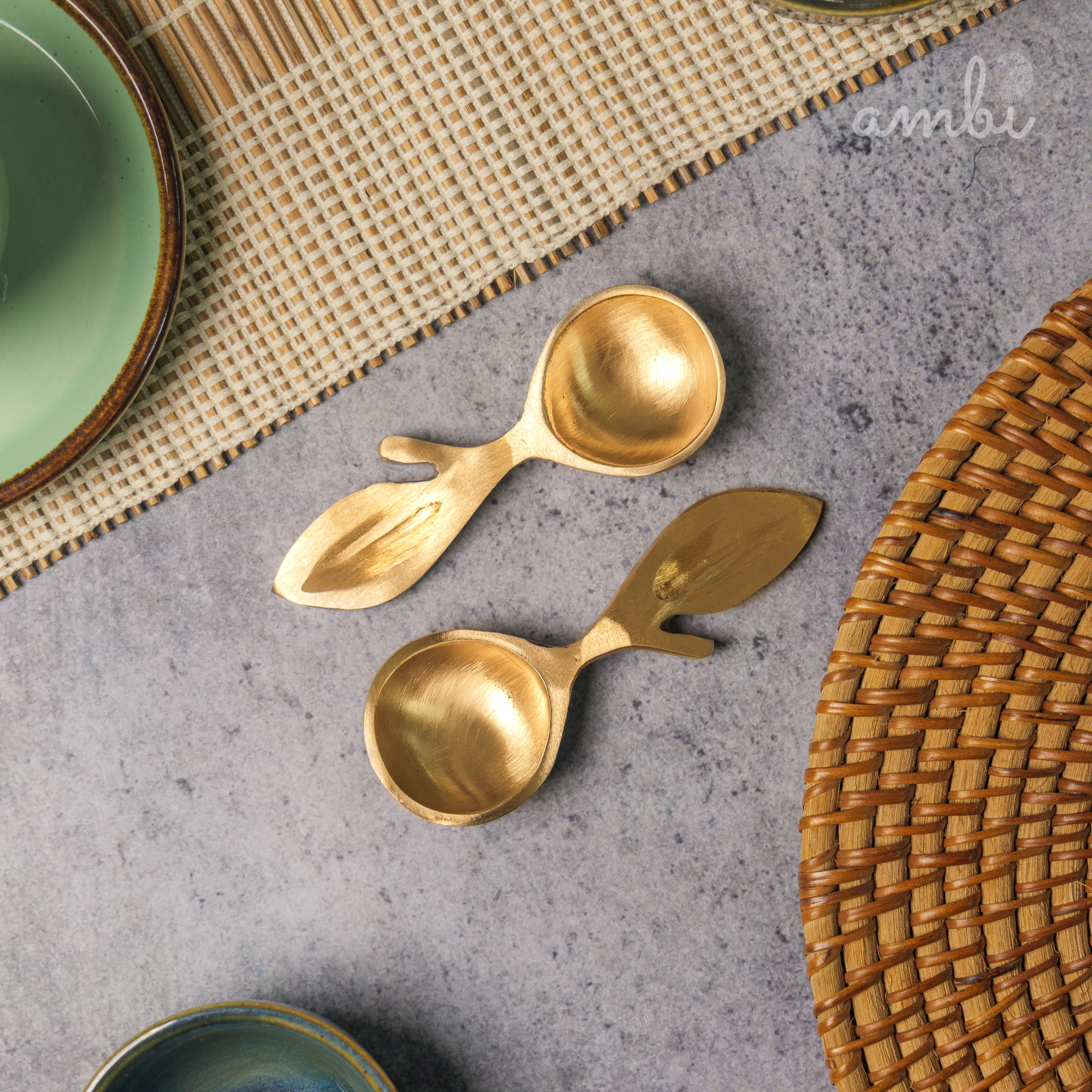 Ambi Lead Free 100% Pure Brass Leaf Design Pooja Charana Amrit / Traditional oil / Puja / Abhishek/ Dhoop Small Spoon - (Set of 2)
