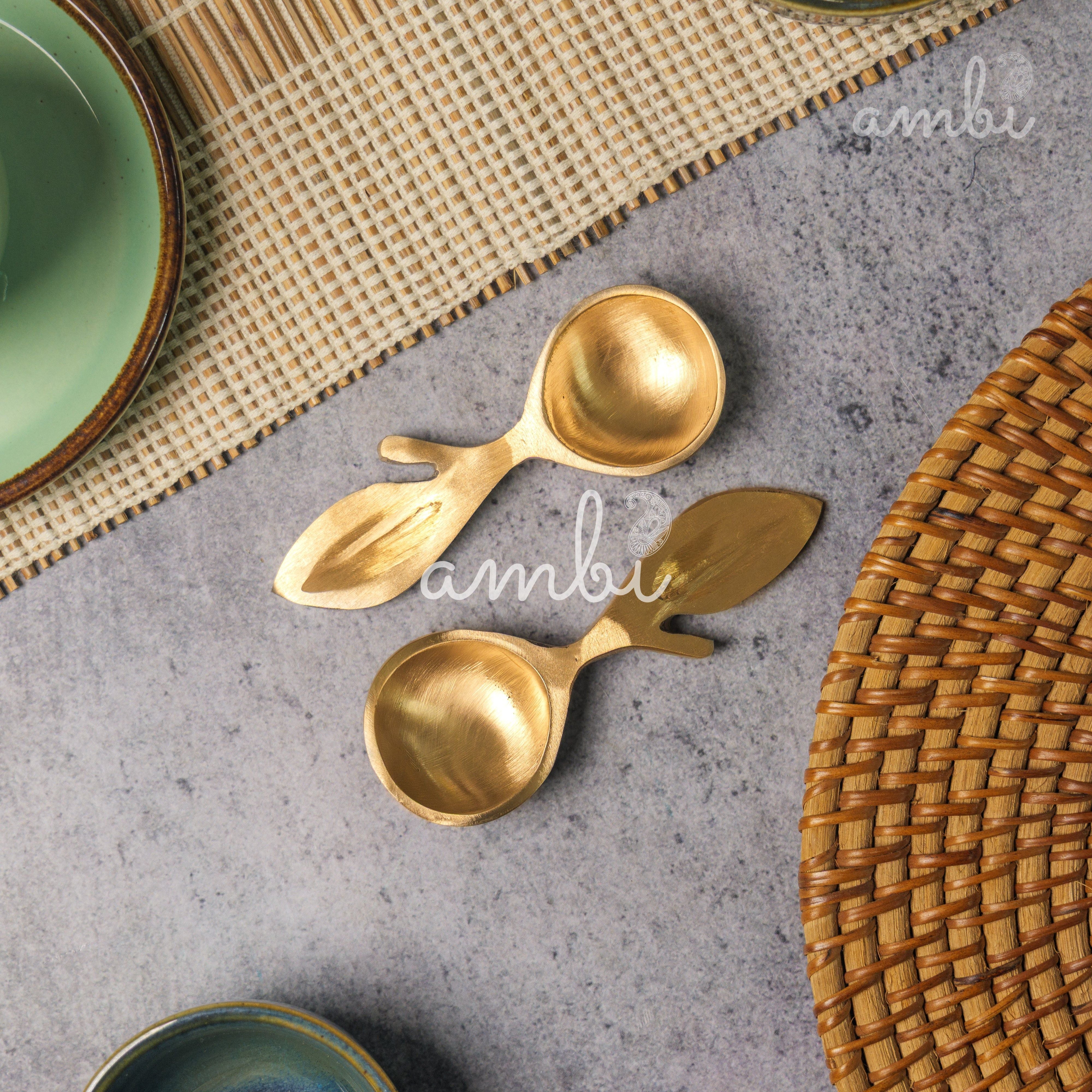 Ambi Lead Free 100% Pure Brass Leaf Design Pooja Charana Amrit / Traditional oil / Puja / Abhishek/ Dhoop Small Spoon - (Set of 2)