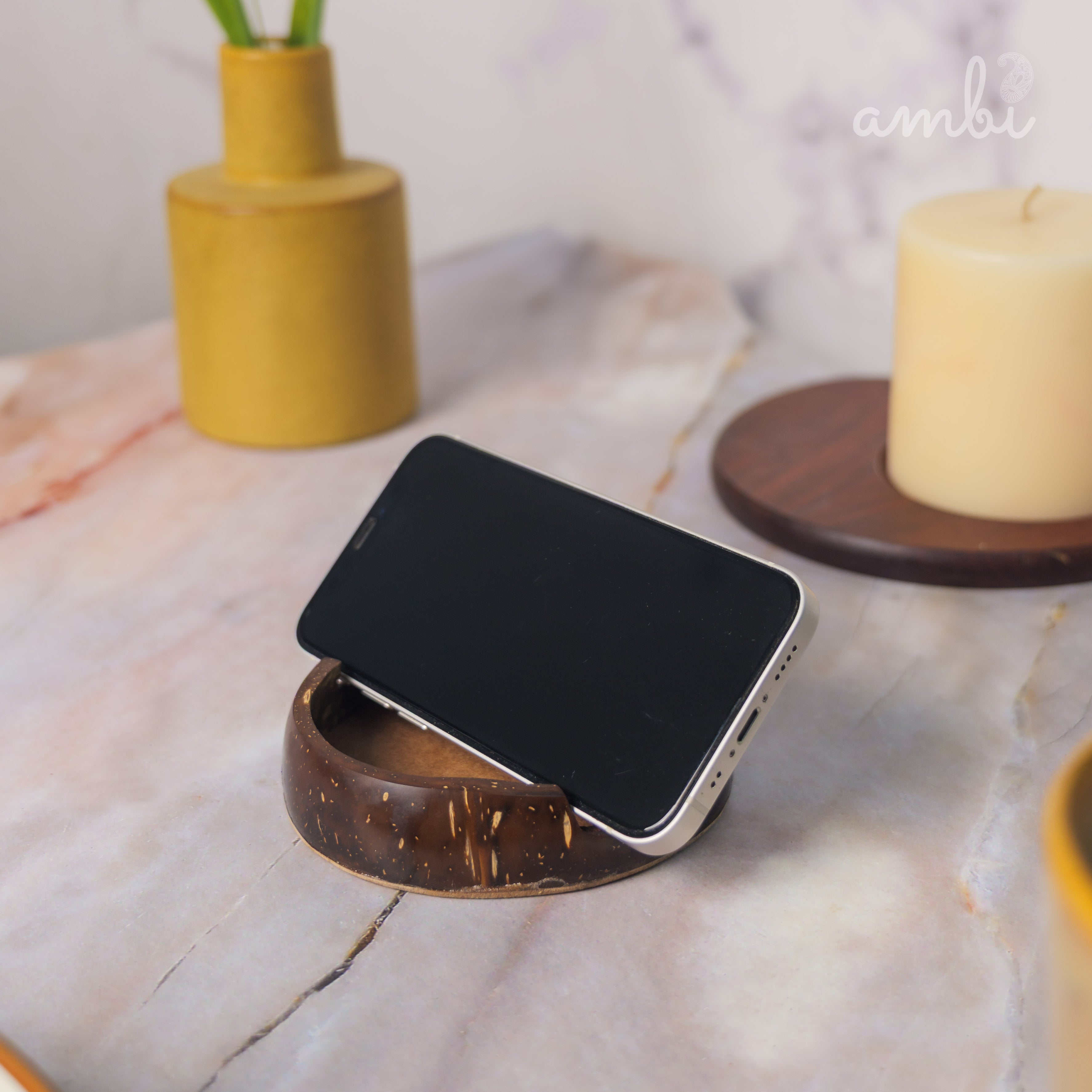 Coconut Shell Mobile Phone Stand — Handcrafted Eco-Friendly Desk Holder
