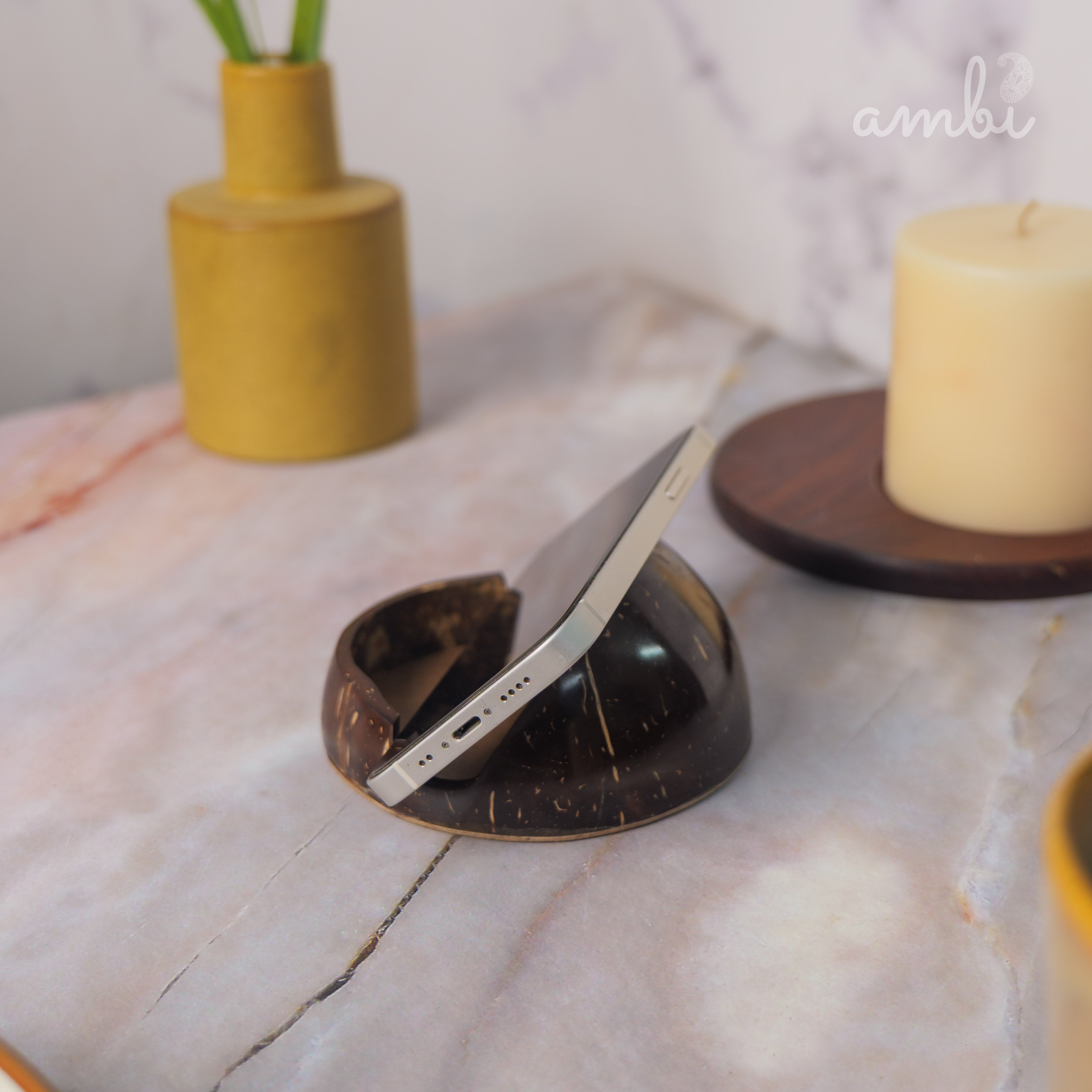 Coconut Shell Mobile Phone Stand — Handcrafted Eco-Friendly Desk Holder