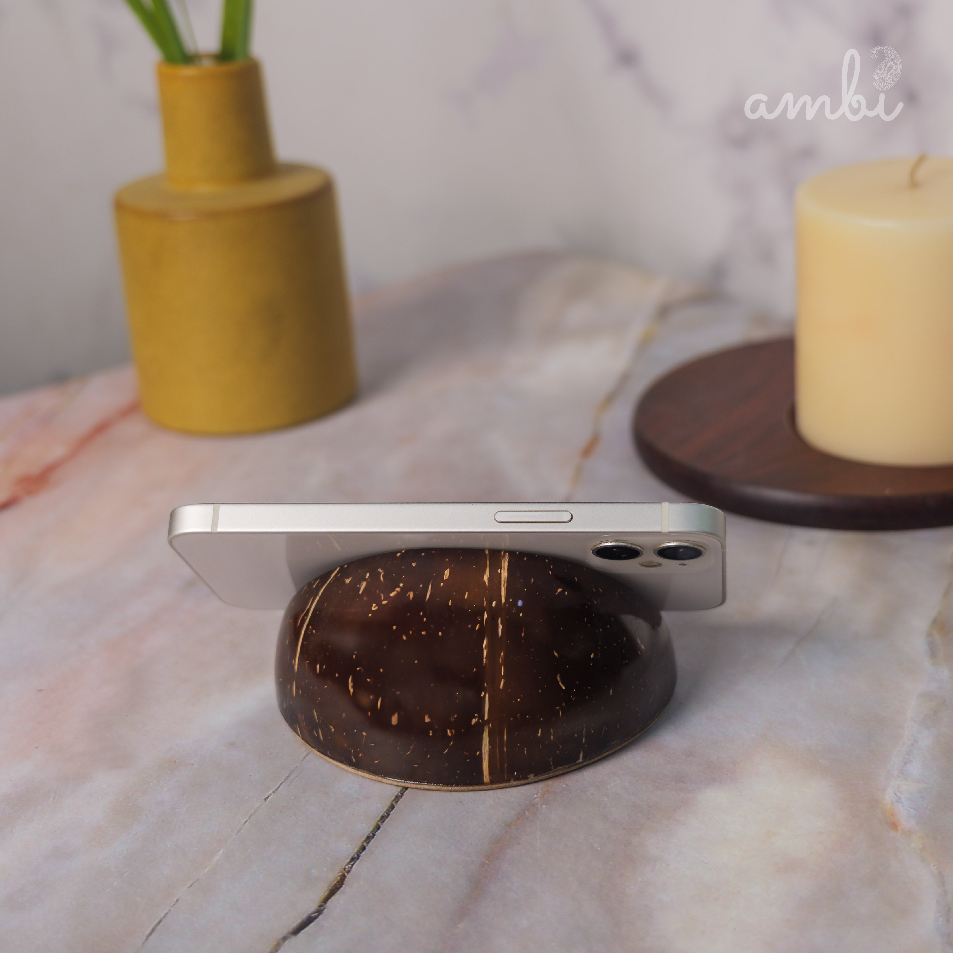 Coconut Shell Mobile Phone Stand — Handcrafted Eco-Friendly Desk Holder