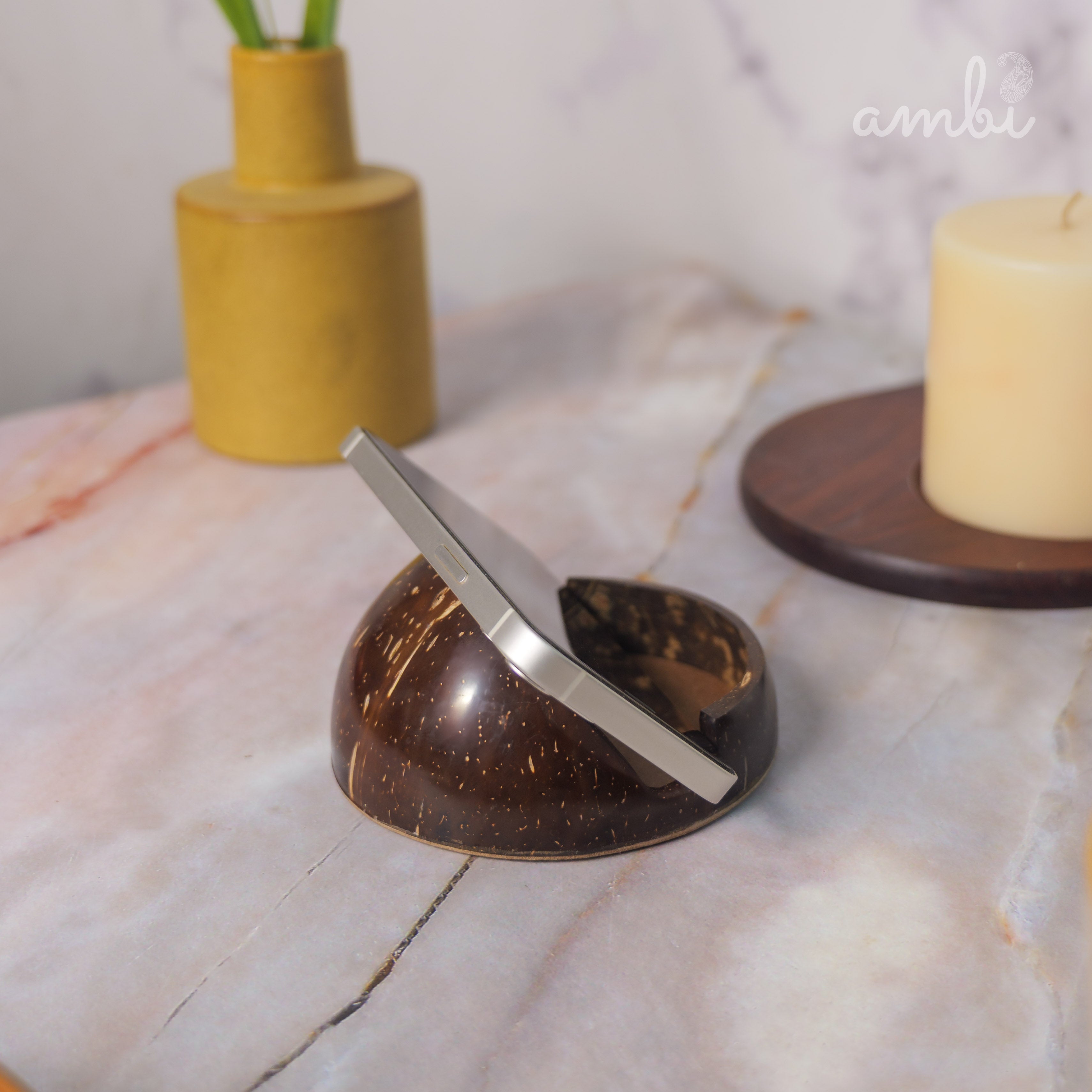 Coconut Shell Mobile Phone Stand — Handcrafted Eco-Friendly Desk Holder