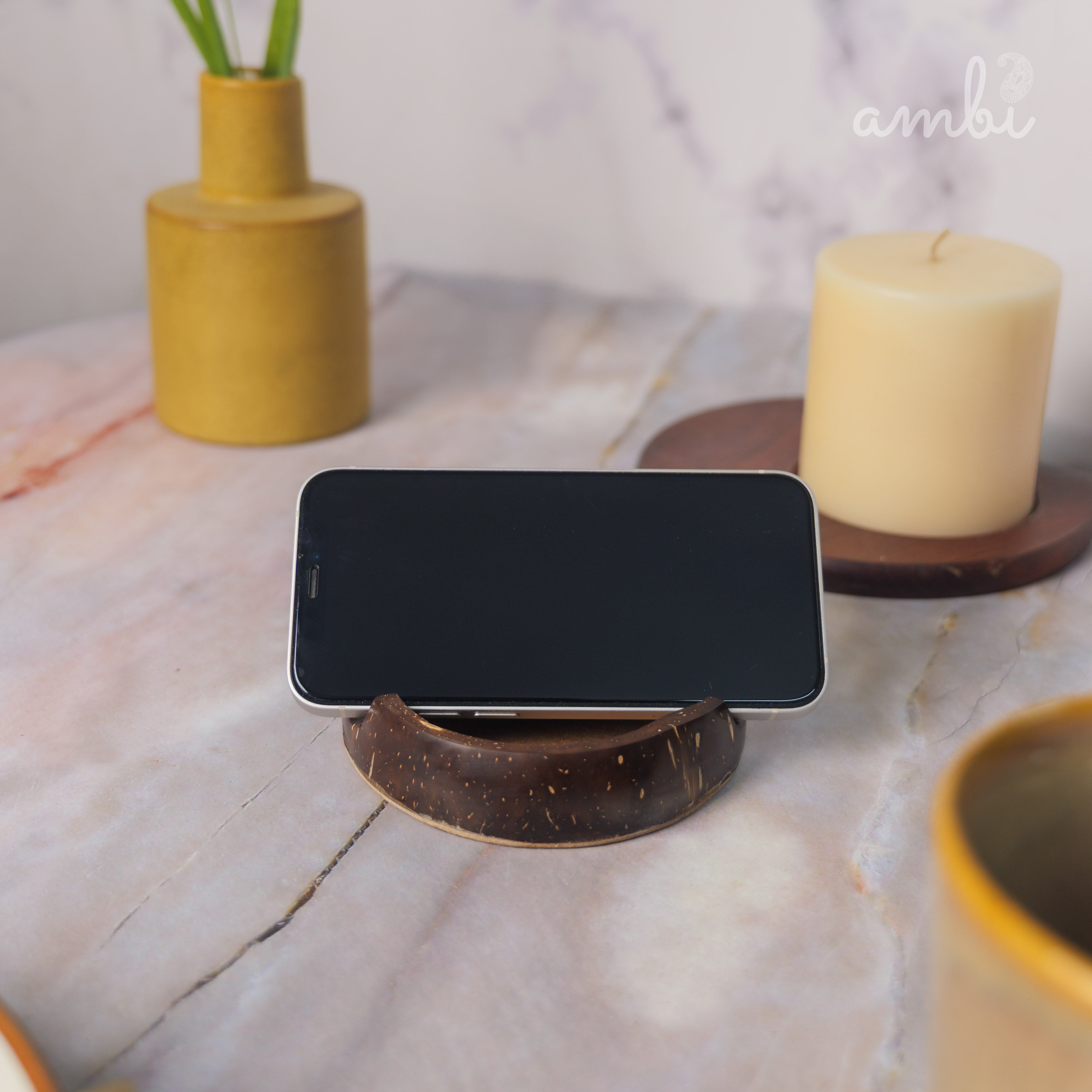 Coconut Shell Mobile Phone Stand — Handcrafted Eco-Friendly Desk Holder