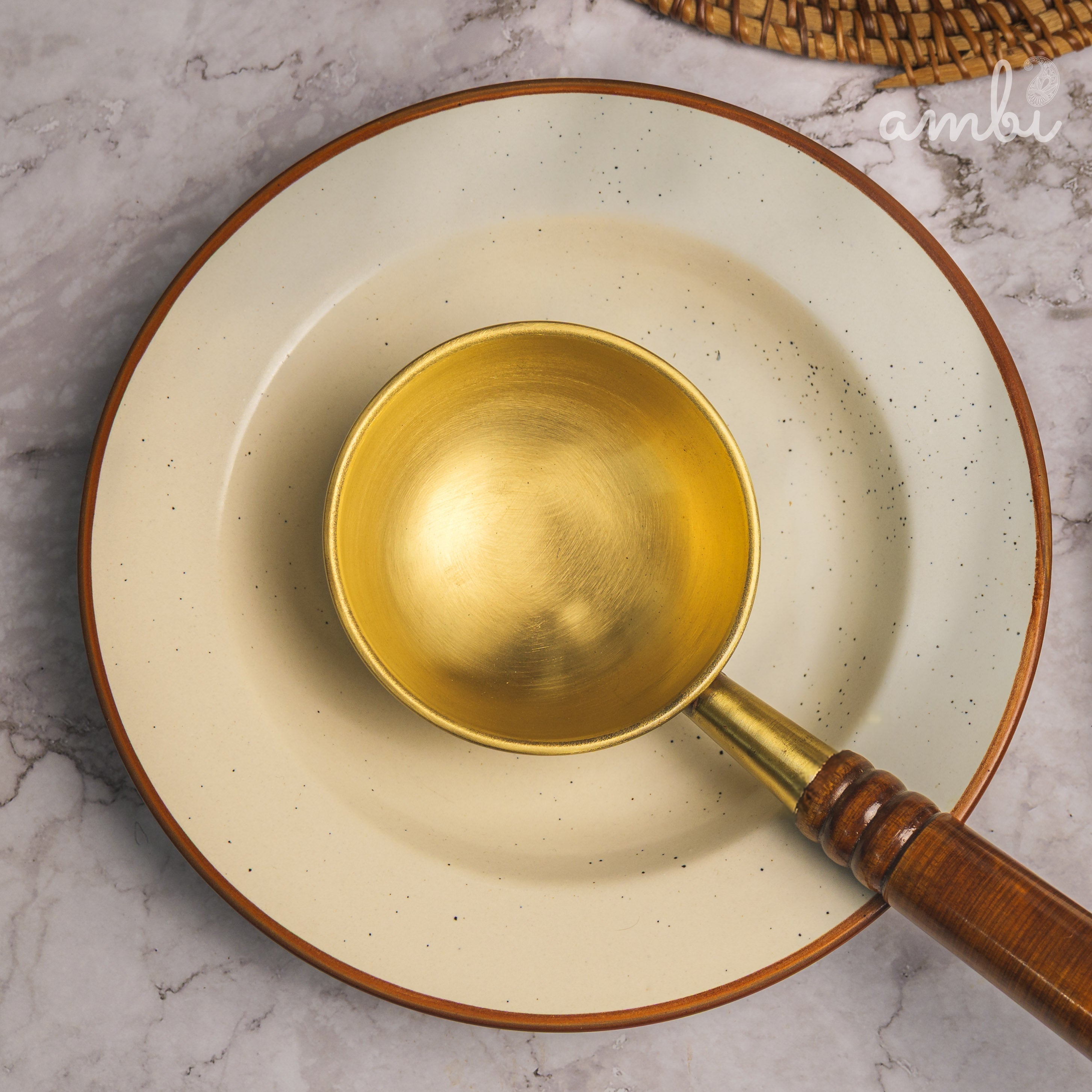 Ambi Brass Classy Havey Base Tadka Pan with Wooden Handle