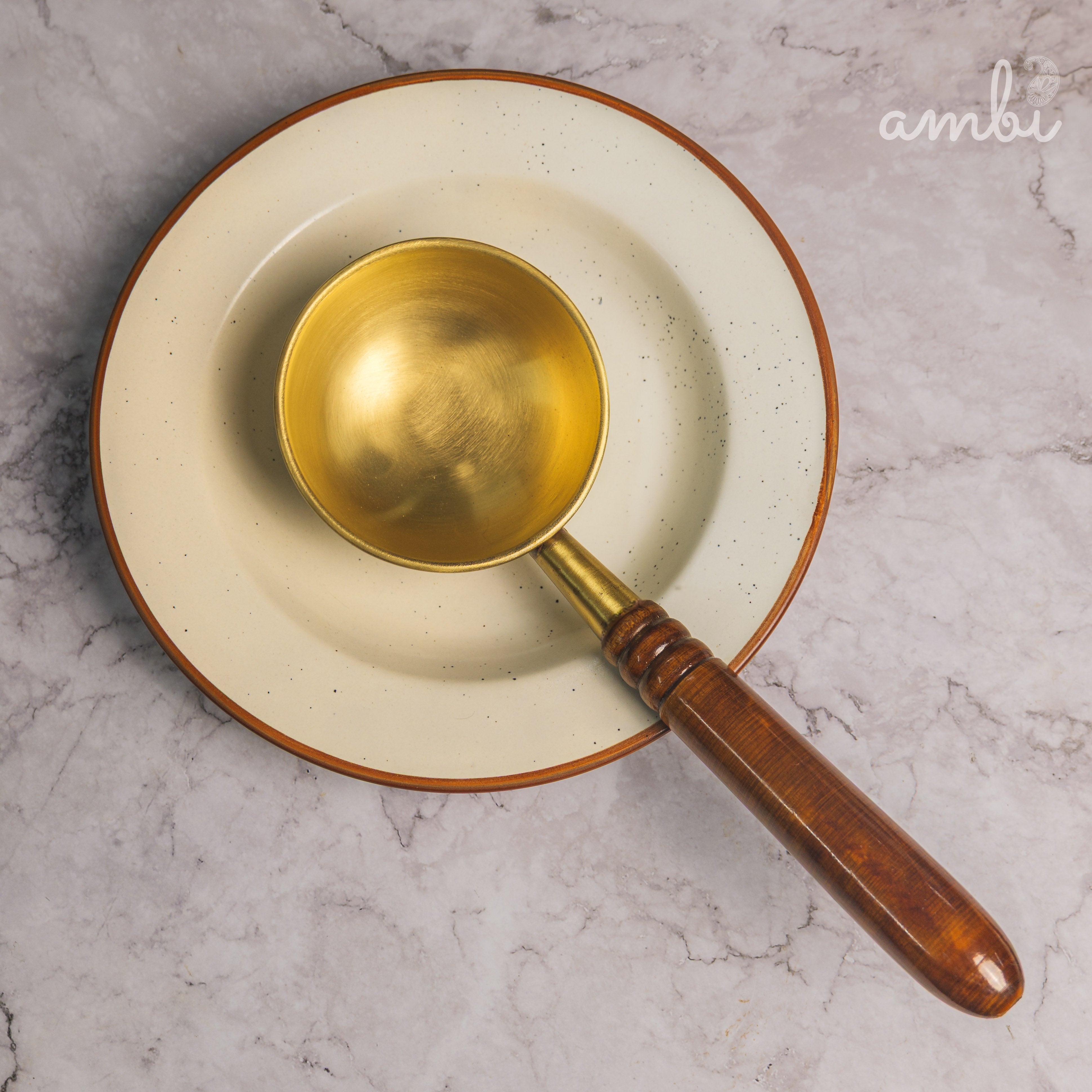 Ambi Brass Classy Havey Base Tadka Pan with Wooden Handle
