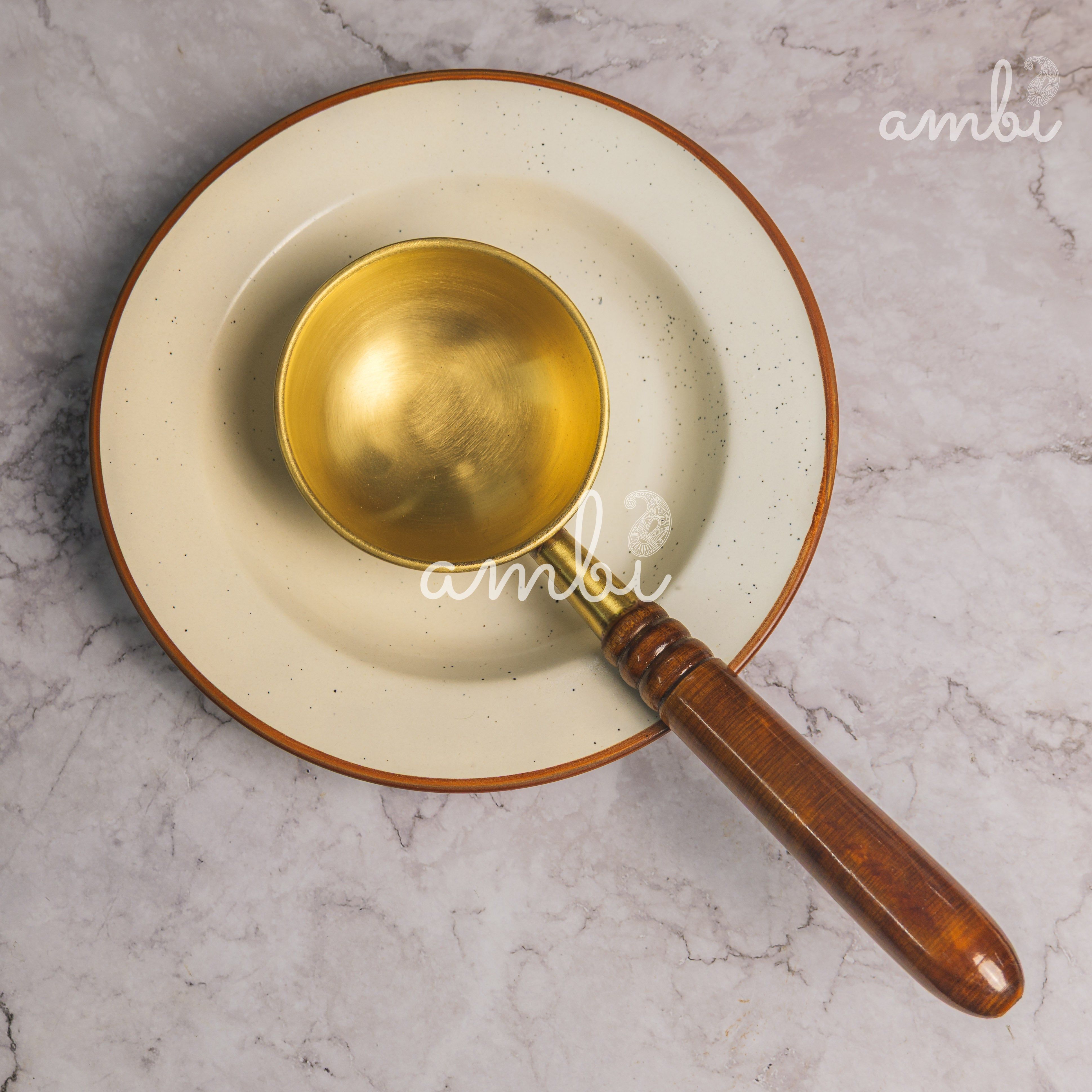 Ambi Brass Classy Havey Base Tadka Pan with Wooden Handle