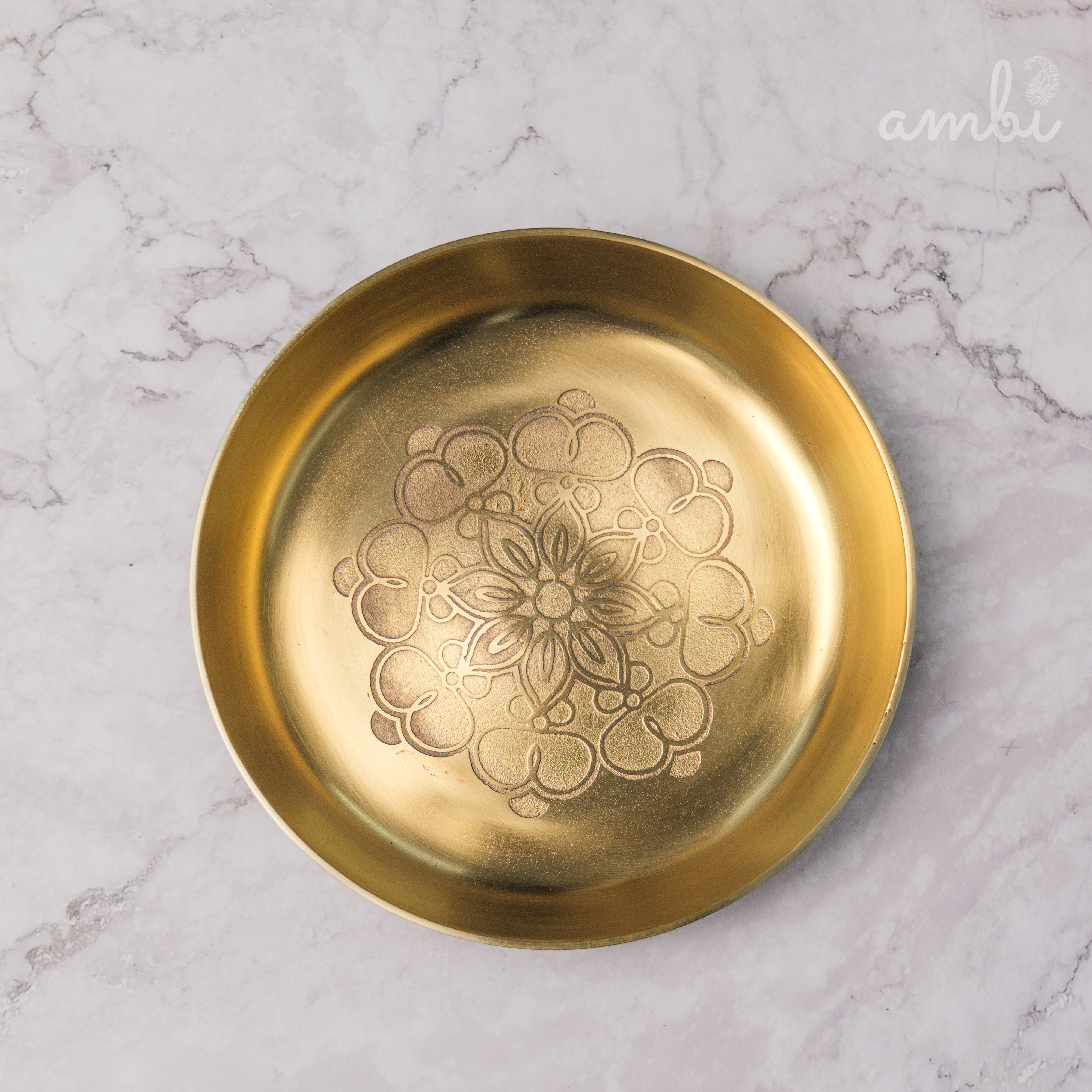 Ambi Lead Free 100% Pure Kansa Plate - Mandala Etched Dessert Bowl 6 in