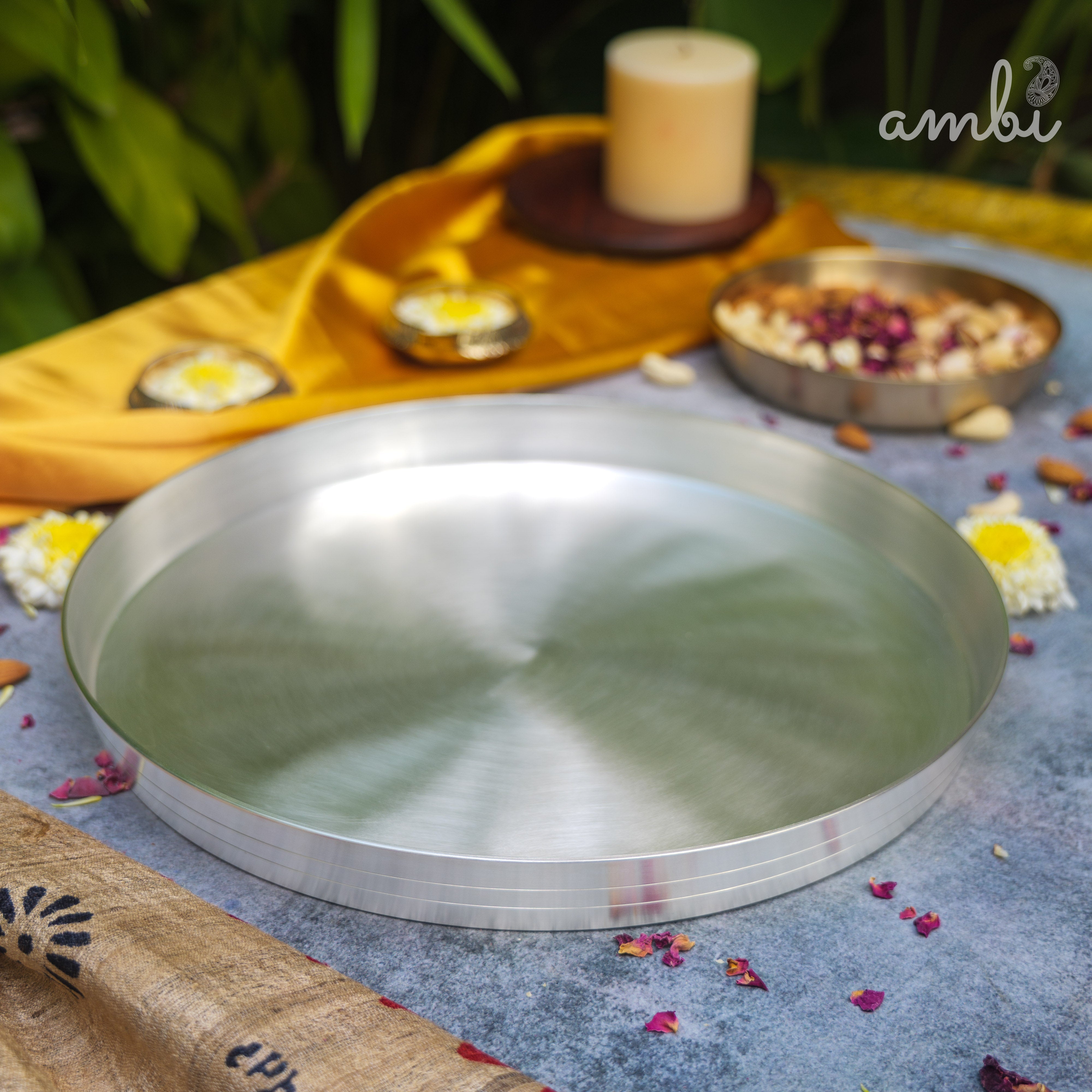 Ambi Pure Silver-Plated Brass Thali – 11.5 Inch | BIS Certified | 2-Micron Silver Coating