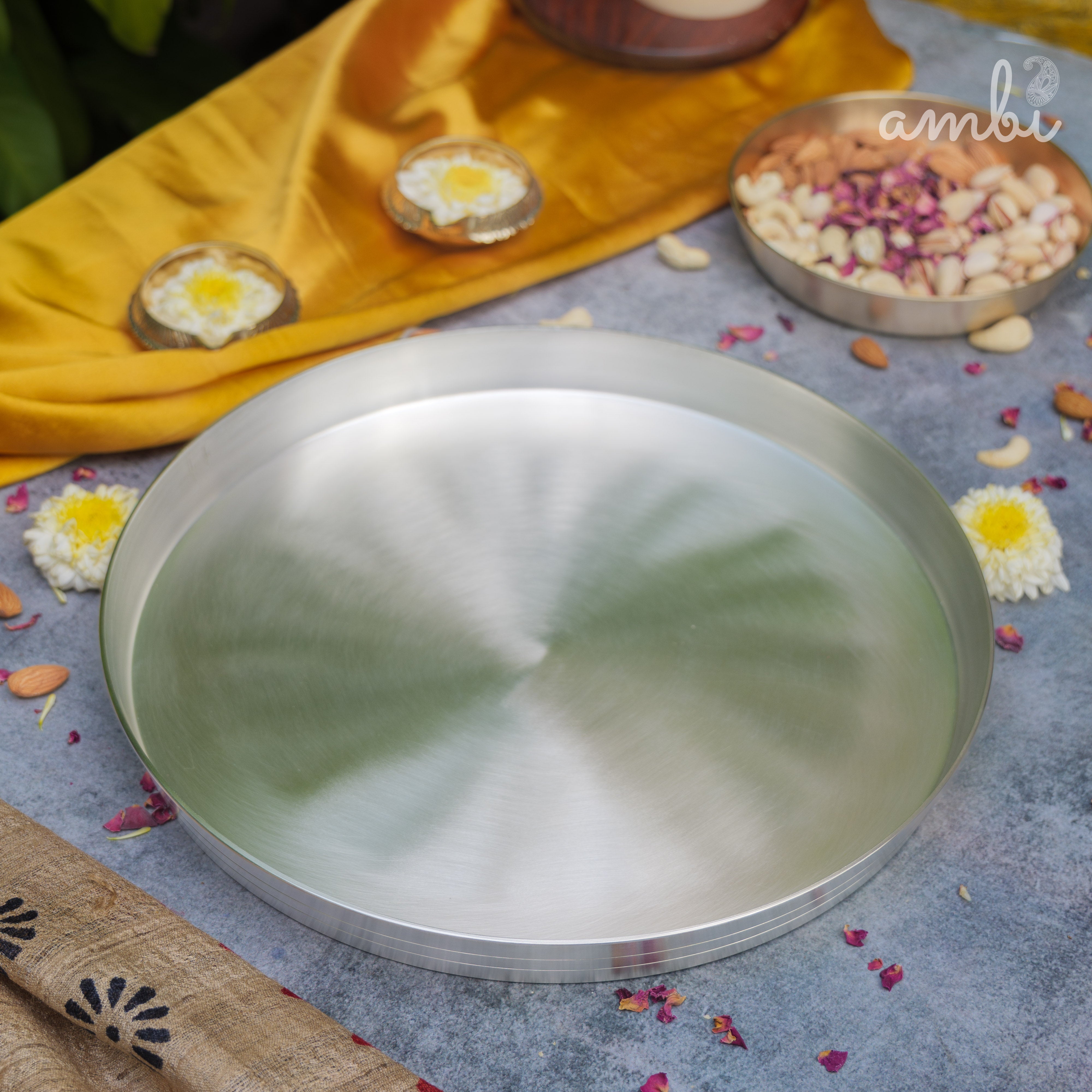 Ambi Pure Silver-Plated Brass Thali – 11.5 Inch | BIS Certified | 2-Micron Silver Coating
