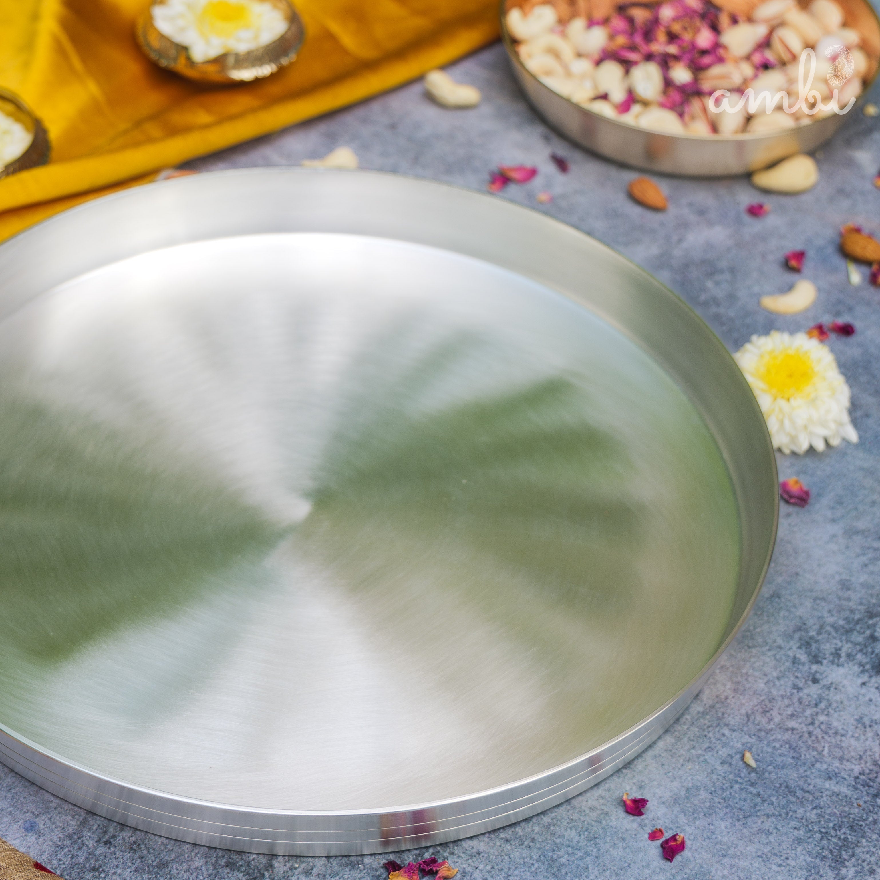Ambi Pure Silver-Plated Brass Thali – 11.5 Inch | BIS Certified | 2-Micron Silver Coating