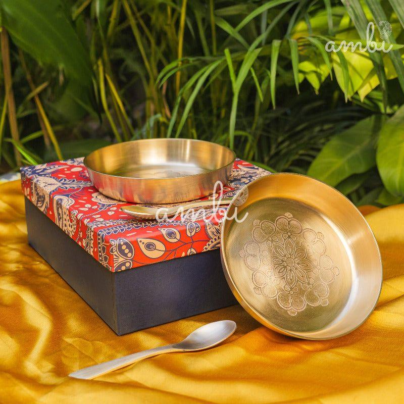 Gift Box – Ambi 100% Pure Lead-Free Kansa Plate & Spoon with Mandala Etching 6 Inch (Set of 1)