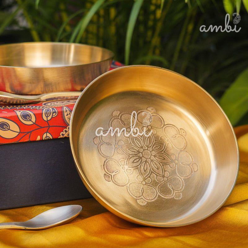 Gift Box – Ambi 100% Pure Lead-Free Kansa Plate & Spoon with Mandala Etching 6 Inch (Set of 1)