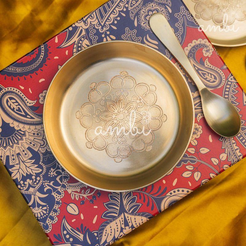Gift Box – Ambi 100% Pure Lead-Free Kansa Plate & Spoon with Mandala Etching 6 Inch (Set of 1)