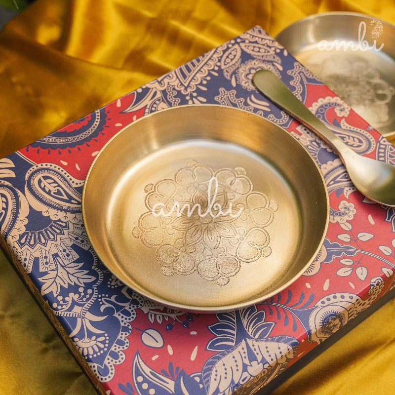 Gift Box – Ambi 100% Pure Lead-Free Kansa Plate & Spoon with Mandala Etching 6 Inch (Set of 1)