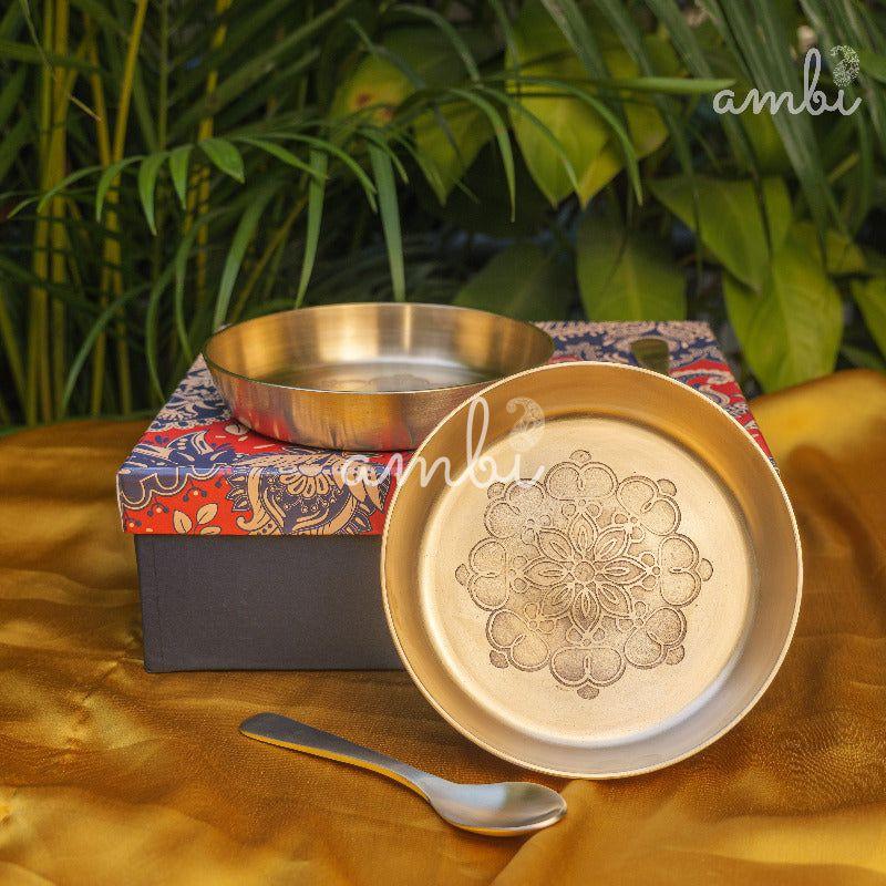 Gift Box – Ambi 100% Pure Lead-Free Kansa Plate & Spoon with Mandala Etching 6 Inch (Set of 1)