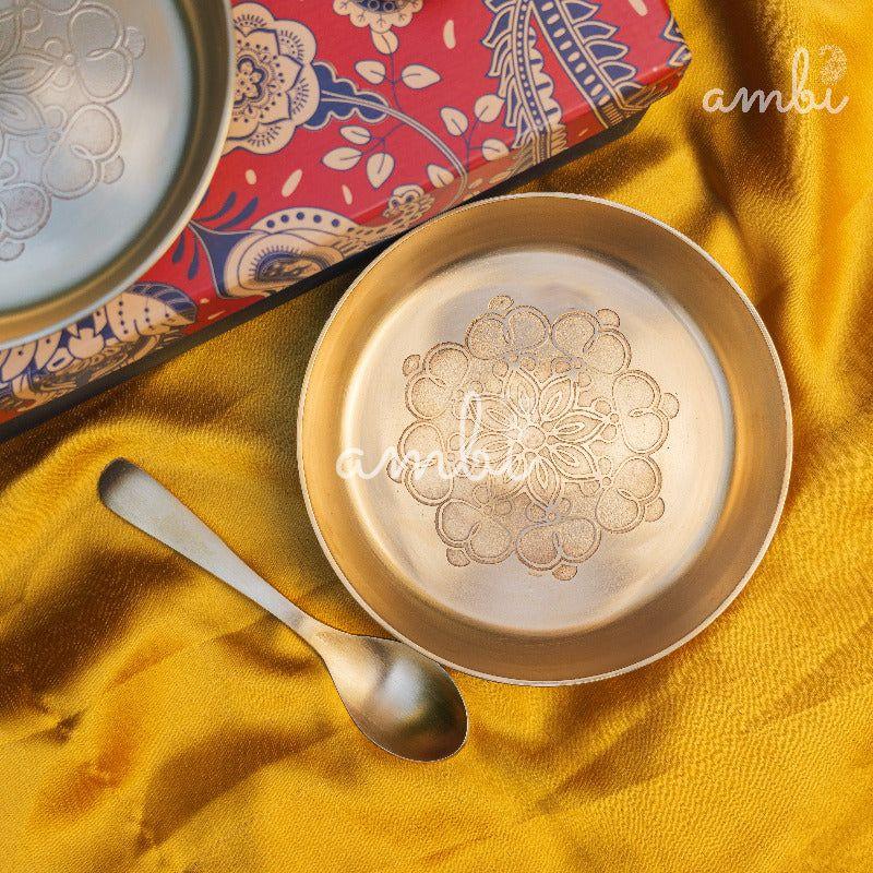 Gift Box – Ambi 100% Pure Lead-Free Kansa Plate & Spoon with Mandala Etching 6 Inch (Set of 1)