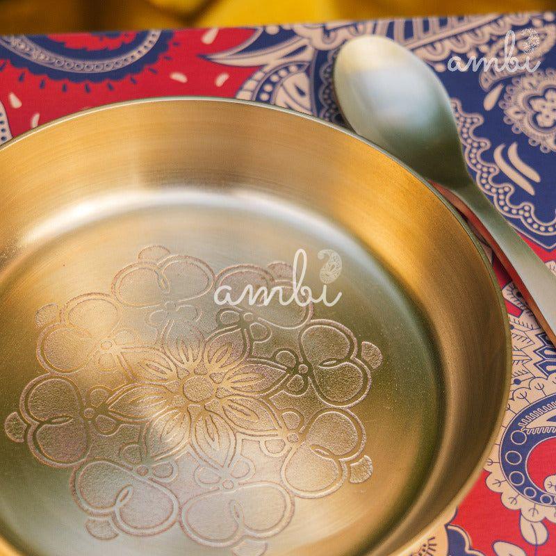 Gift Box – Ambi 100% Pure Lead-Free Kansa Plate & Spoon with Mandala Etching 6 Inch (Set of 1)