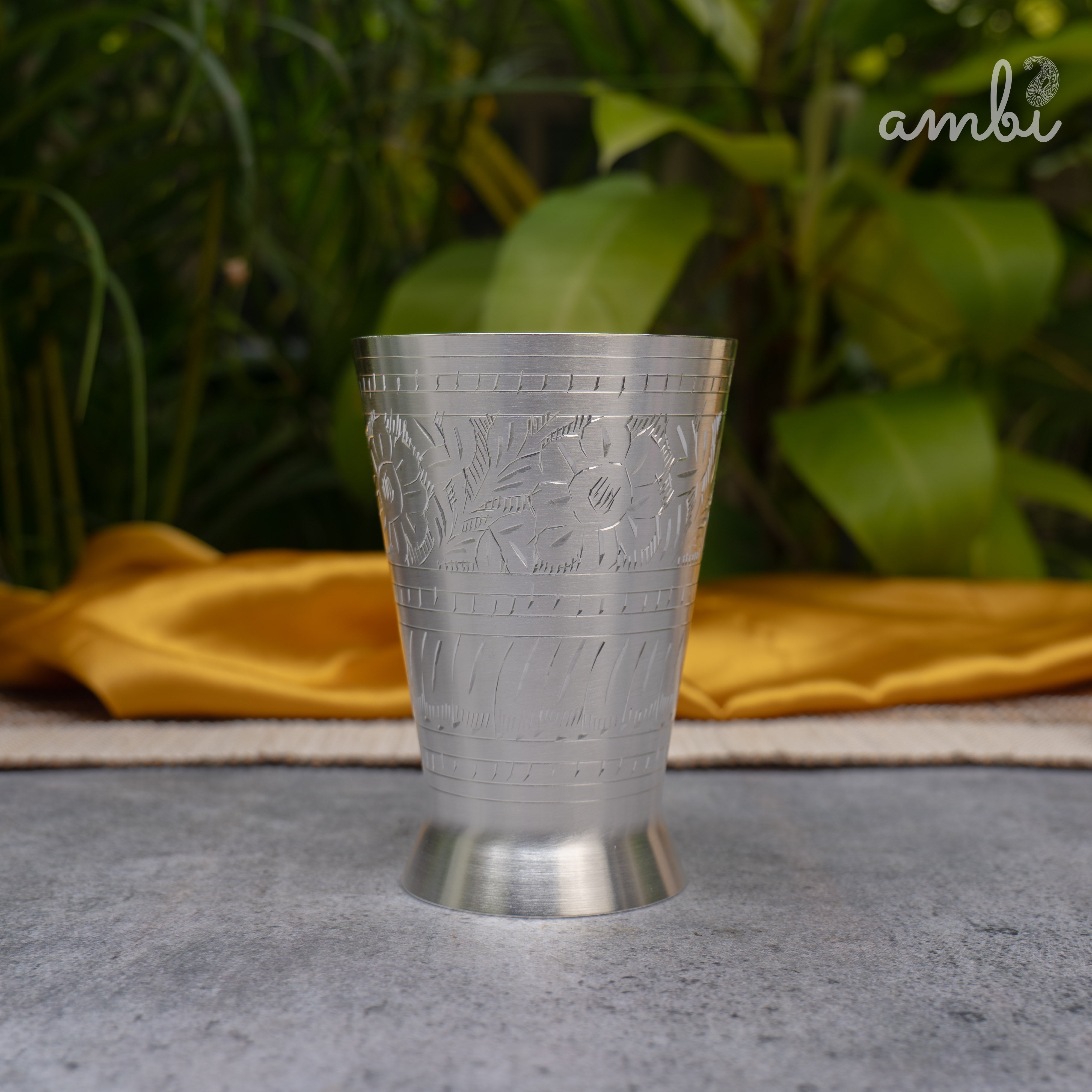 Ambi Pure Silver-Plated Brass Lassi Glass – 5 Inch | Etched | 315g