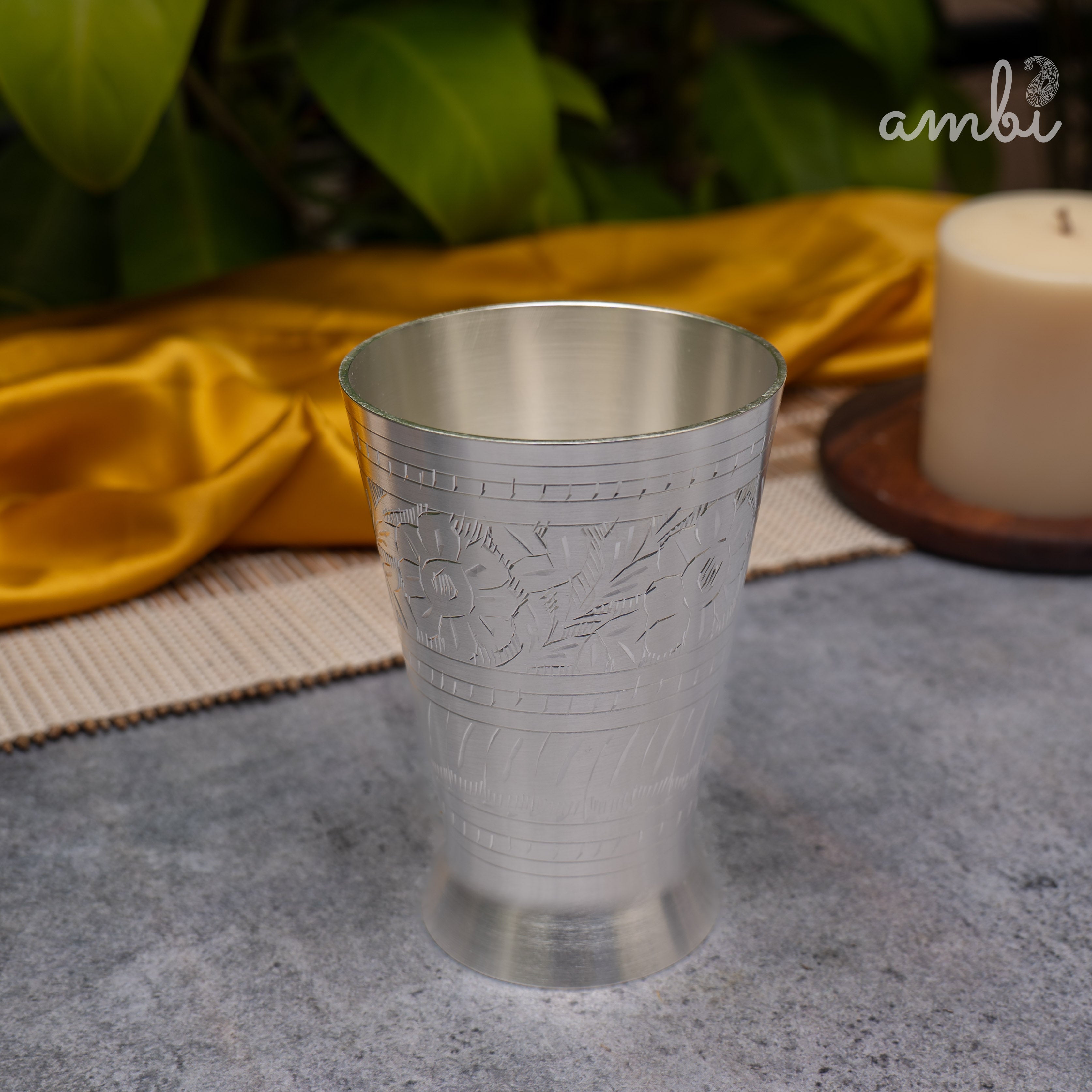 Ambi Pure Silver-Plated Brass Lassi Glass – 5 Inch | Etched | 315g