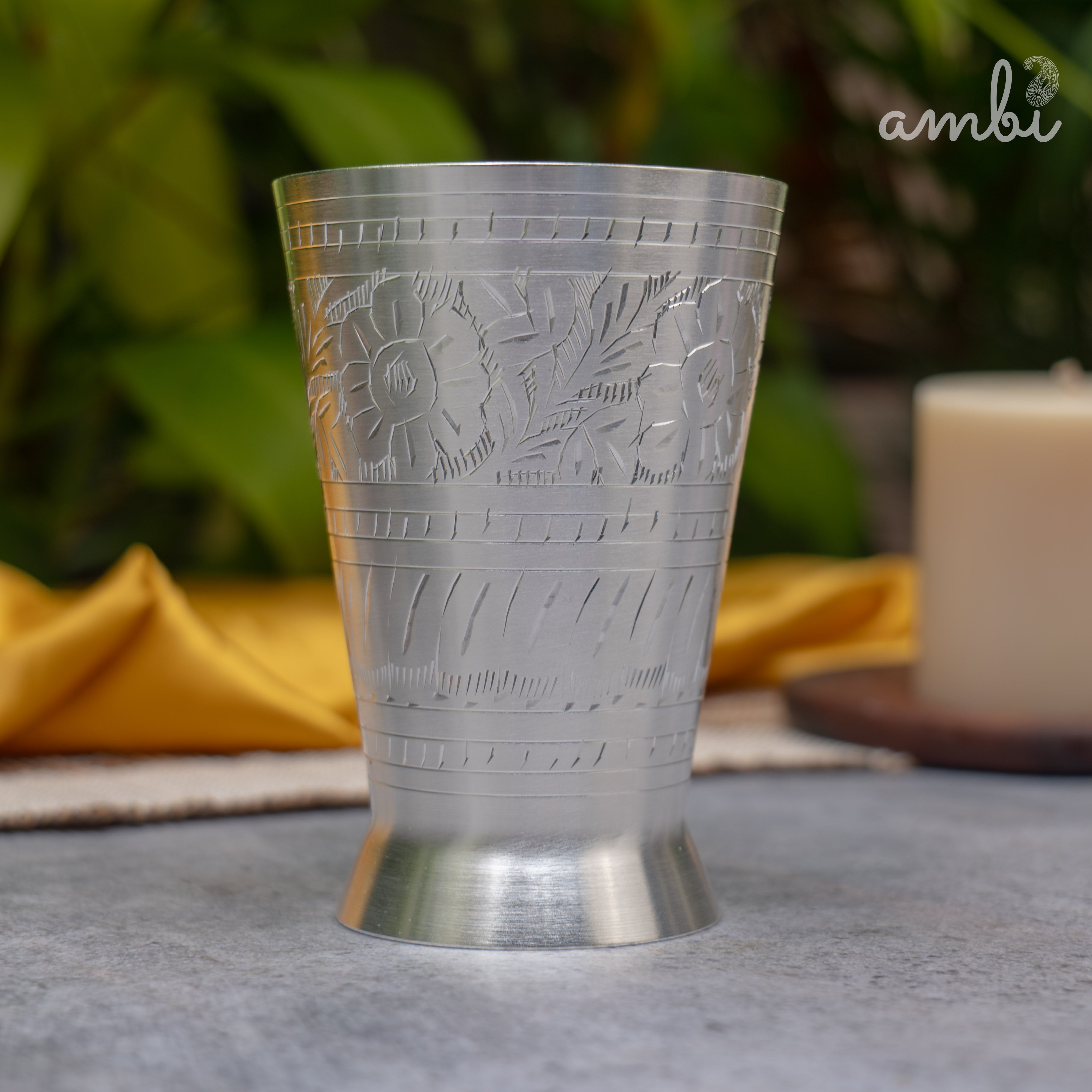 Ambi Pure Silver-Plated Brass Lassi Glass – 5 Inch | Etched | 315g