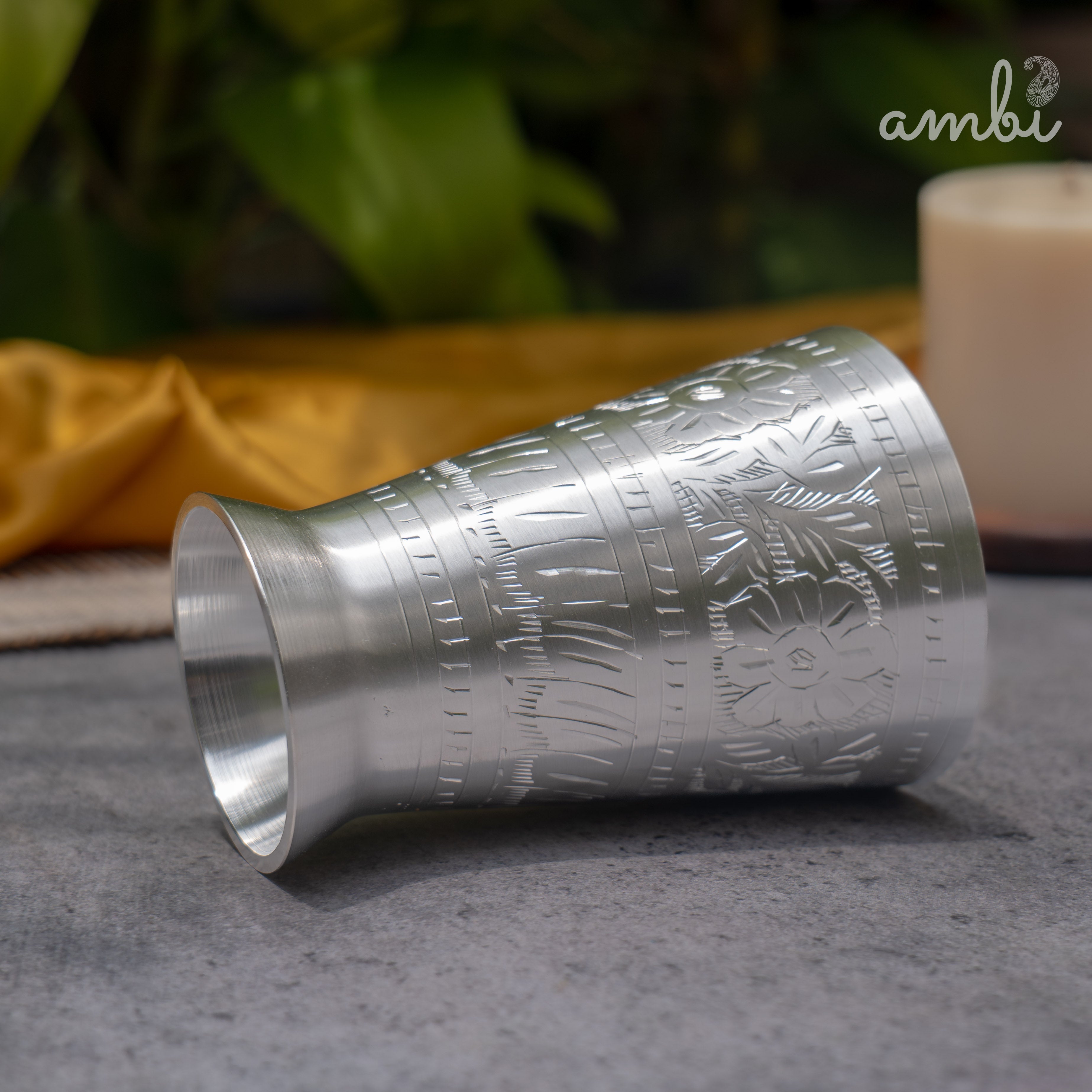 Ambi Pure Silver-Plated Brass Lassi Glass – 5 Inch | Etched | 315g