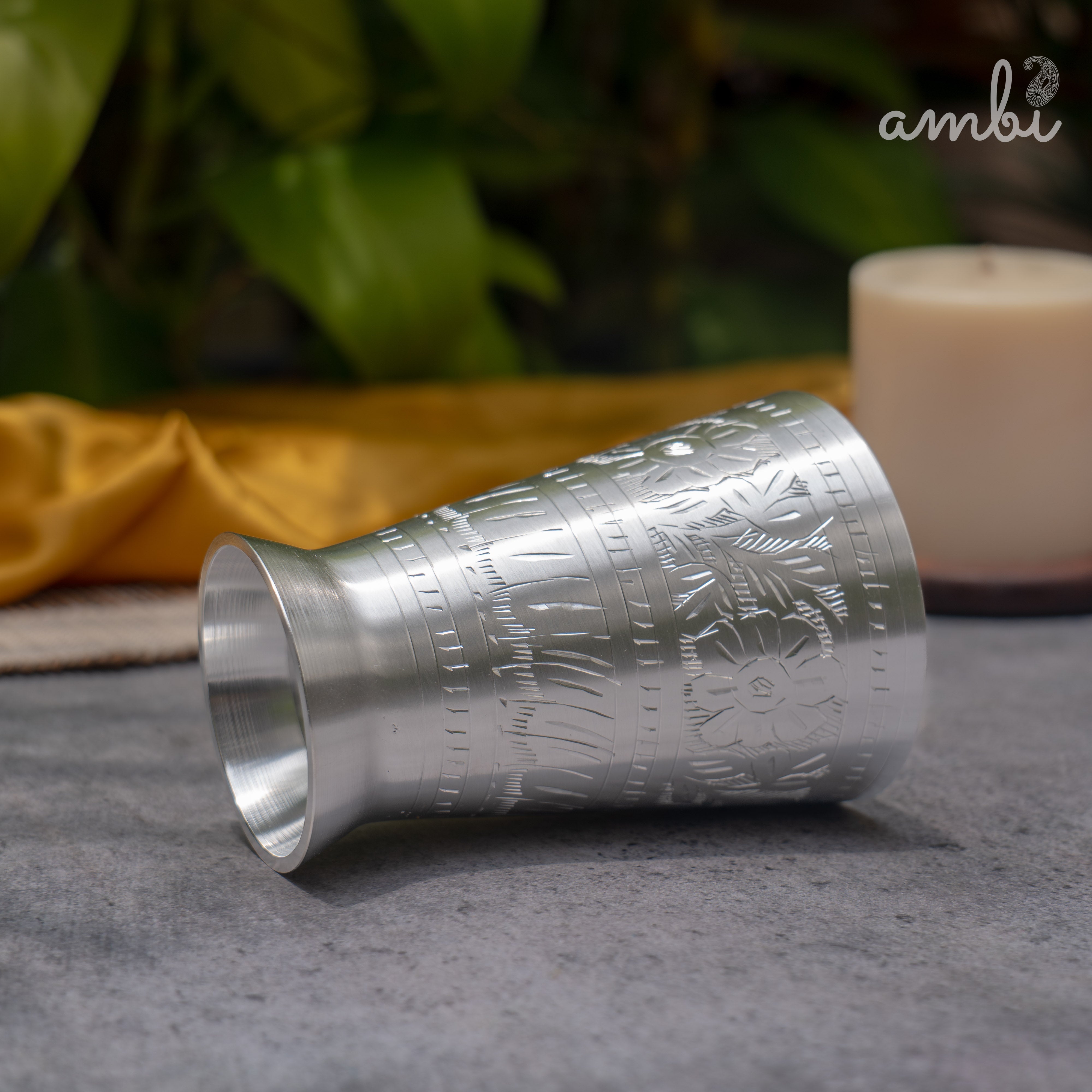 Ambi Pure Silver-Plated Brass Lassi Glass – 5 Inch | Etched | 315g