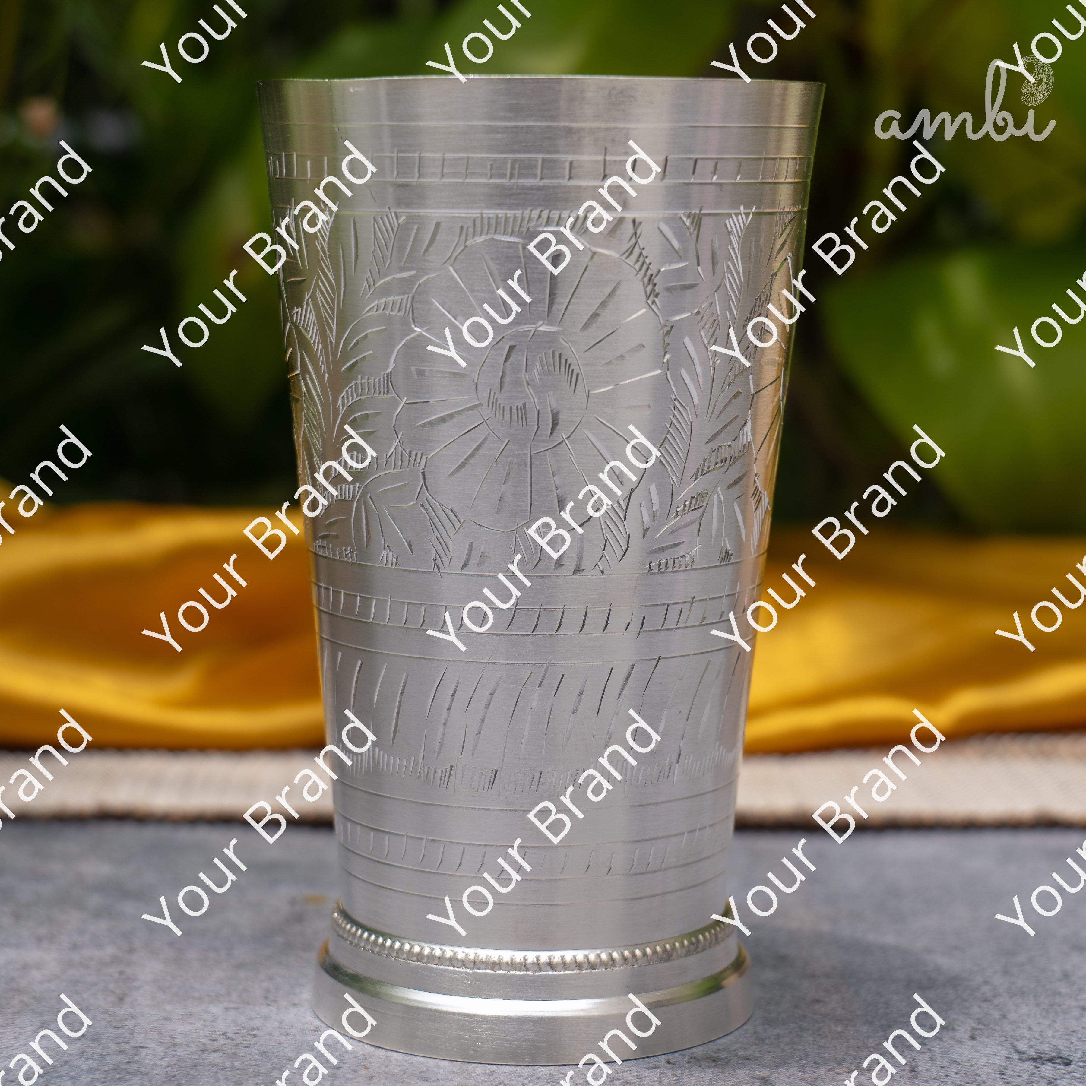 Ambi Pure Silver-Plated Brass Glass – 6 Inch Etched | 475g | 600ml