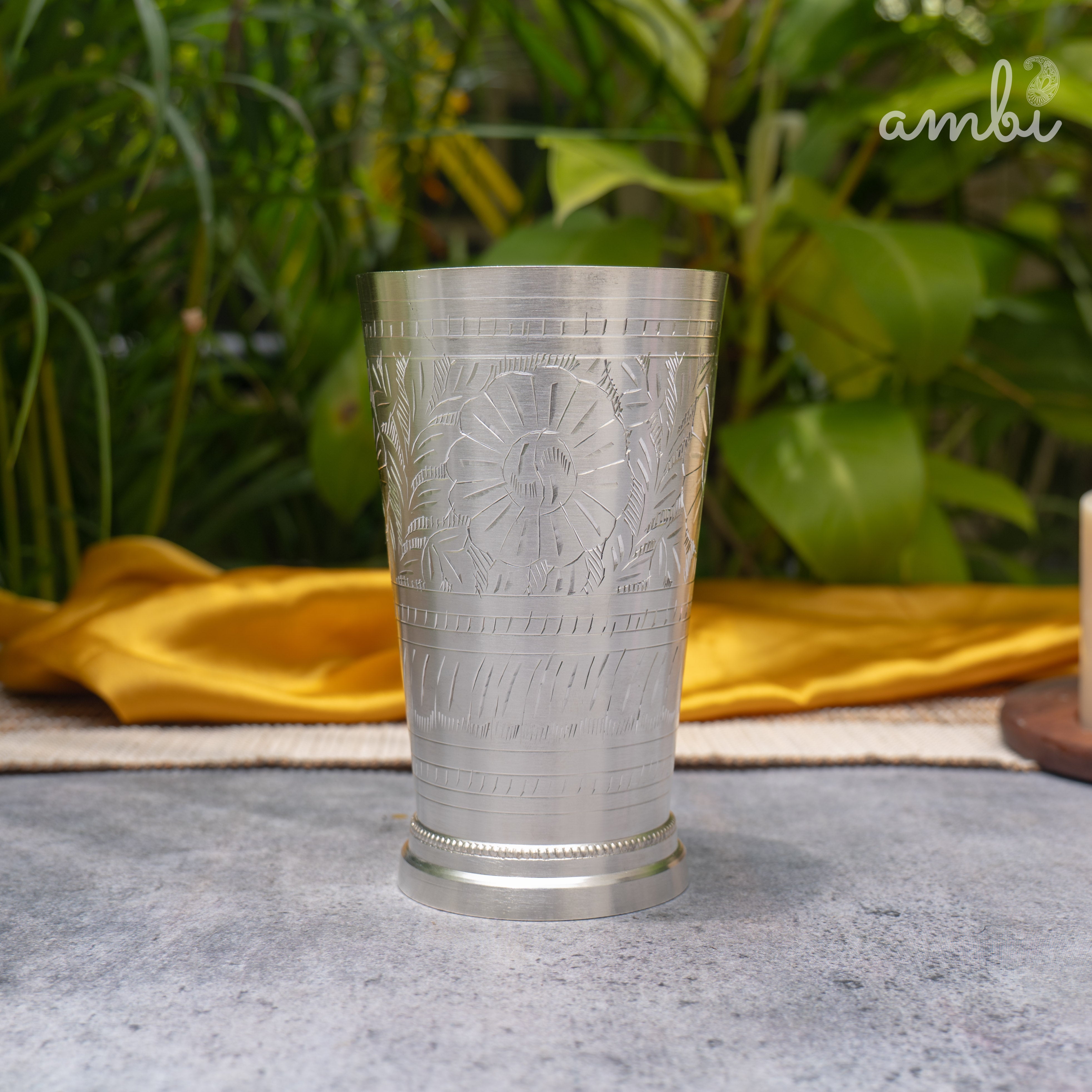 Ambi Pure Silver-Plated Brass Glass – 6 Inch Etched | 475g | 600ml