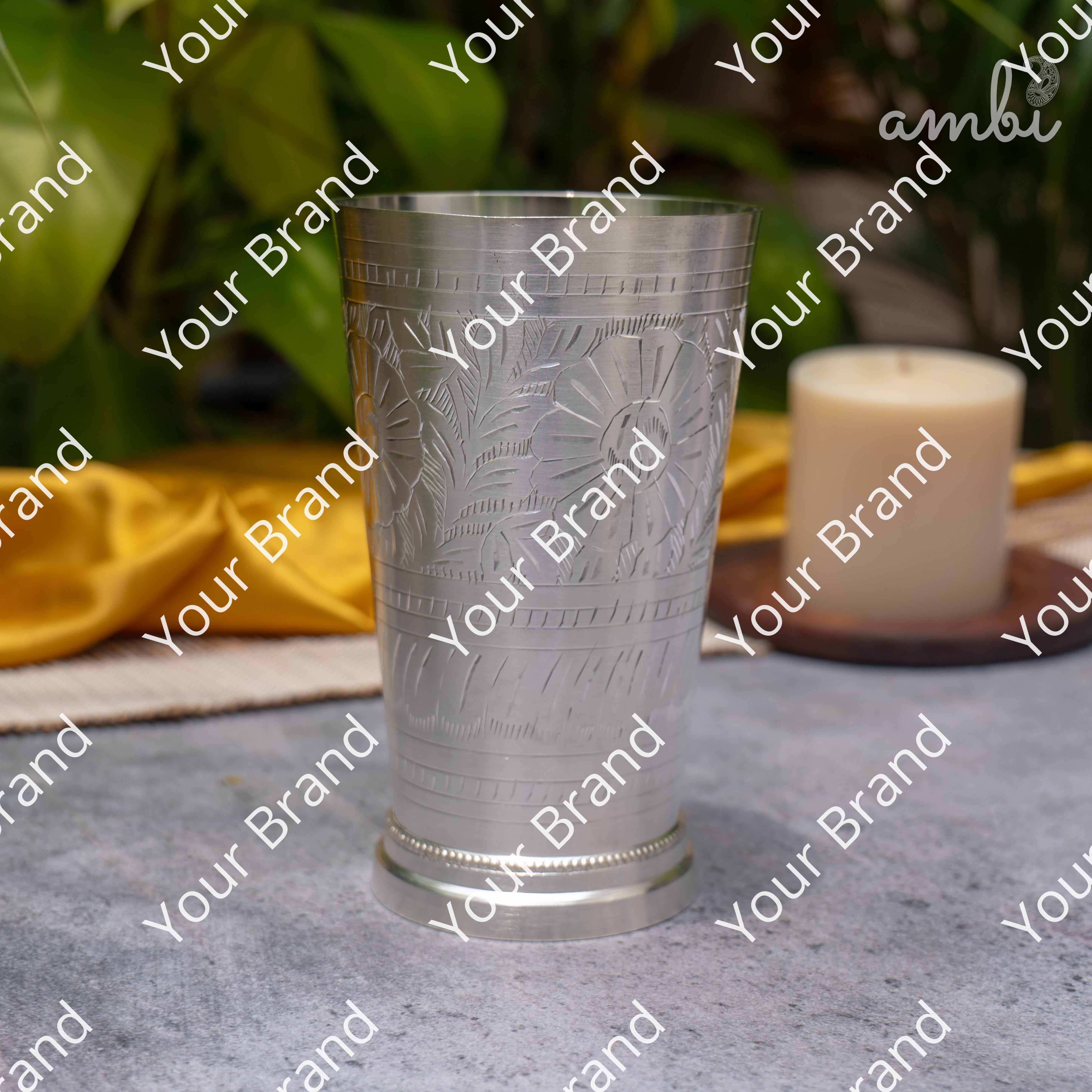 Ambi Pure Silver-Plated Brass Glass – 6 Inch Etched | 475g | 600ml