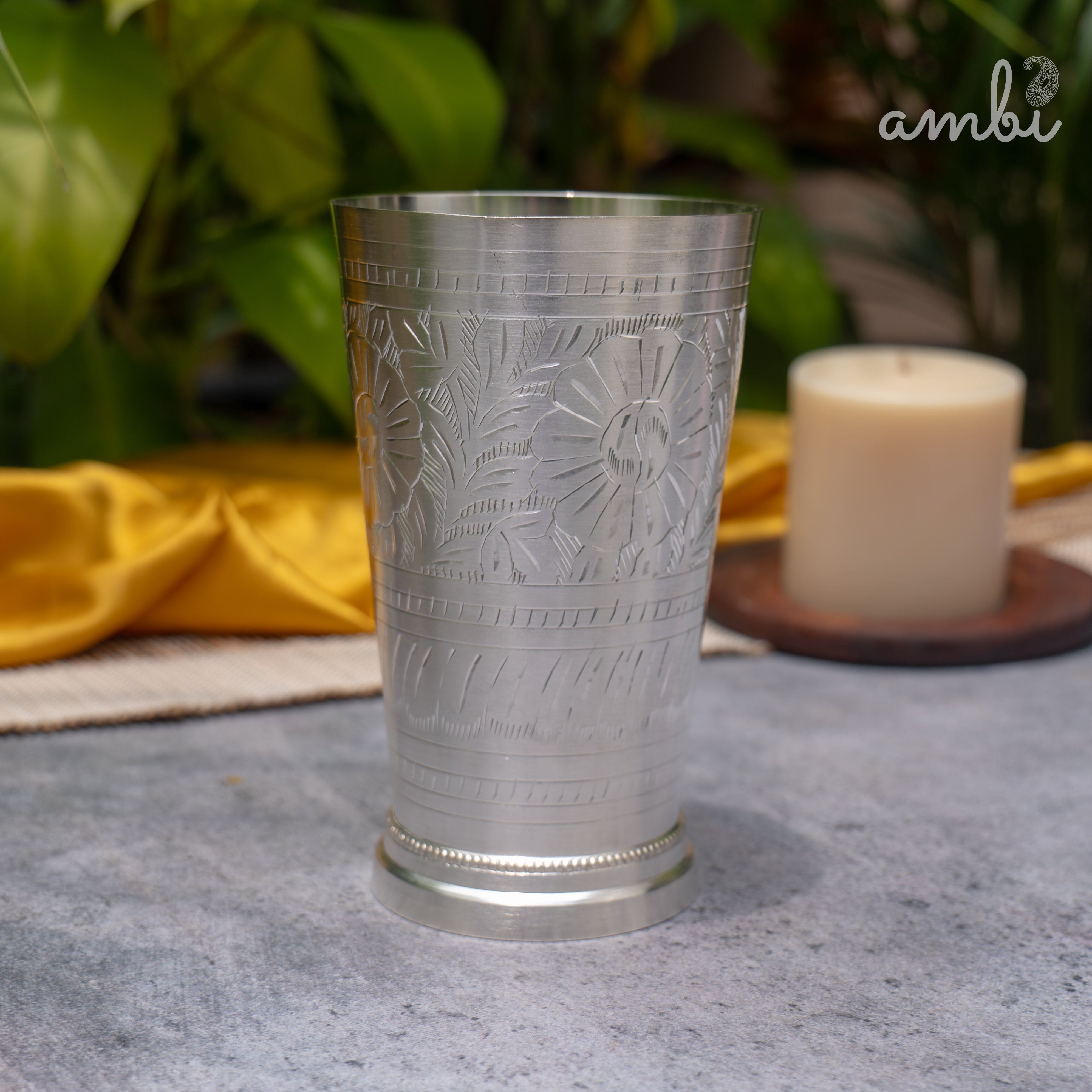 Ambi Pure Silver-Plated Brass Glass – 6 Inch Etched | 475g | 600ml