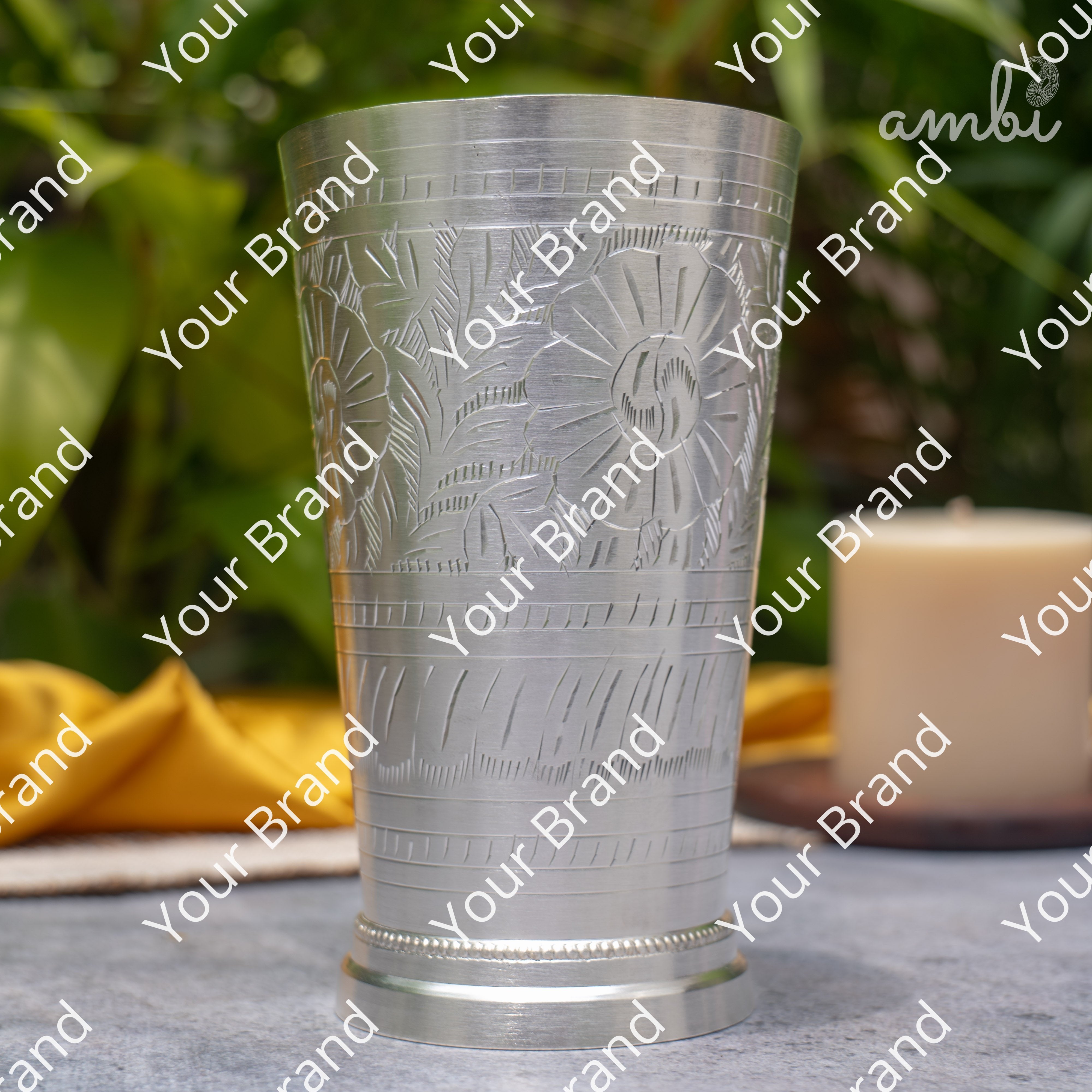 Ambi Pure Silver-Plated Brass Glass – 6 Inch Etched | 475g | 600ml