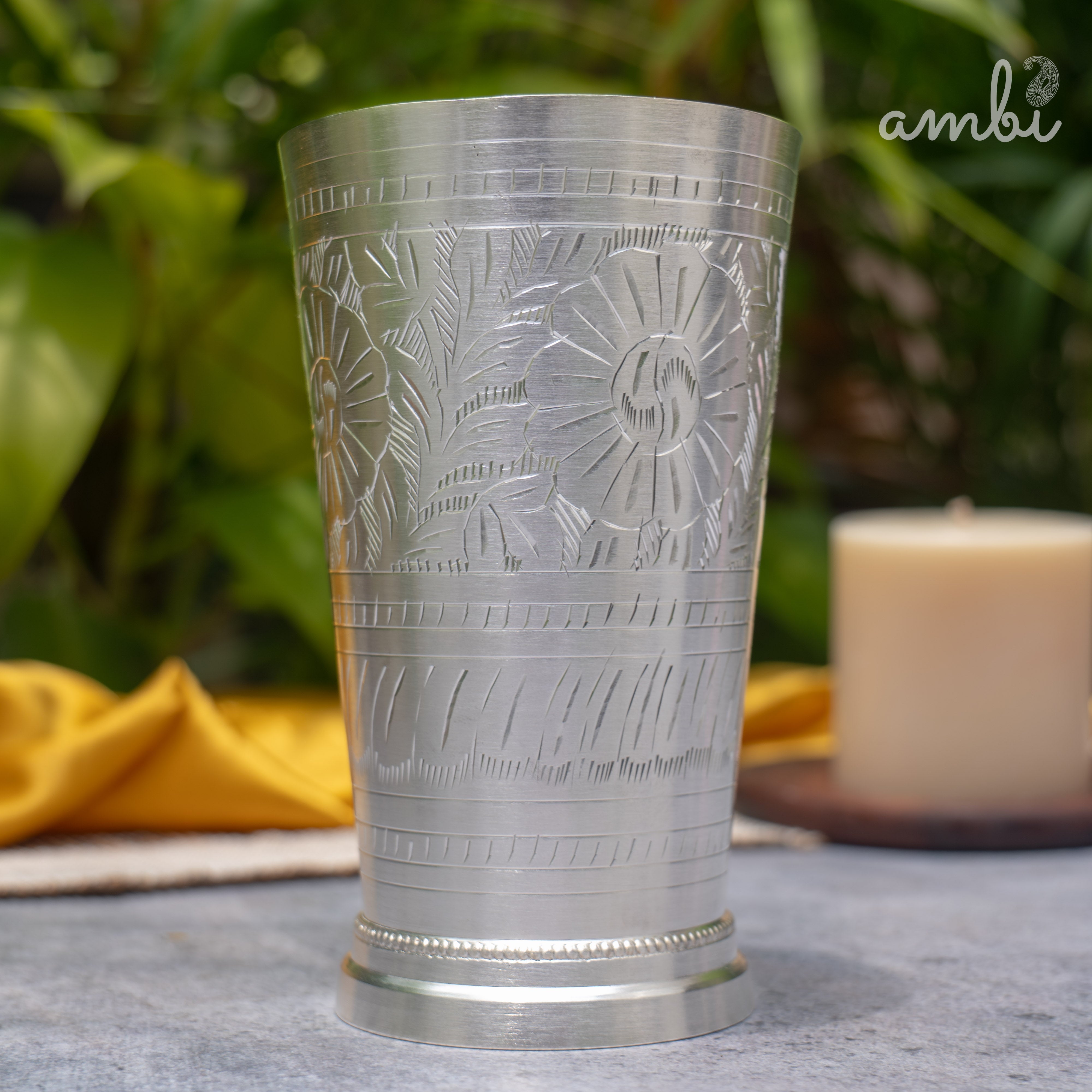 Ambi Pure Silver-Plated Brass Glass – 6 Inch Etched | 475g | 600ml
