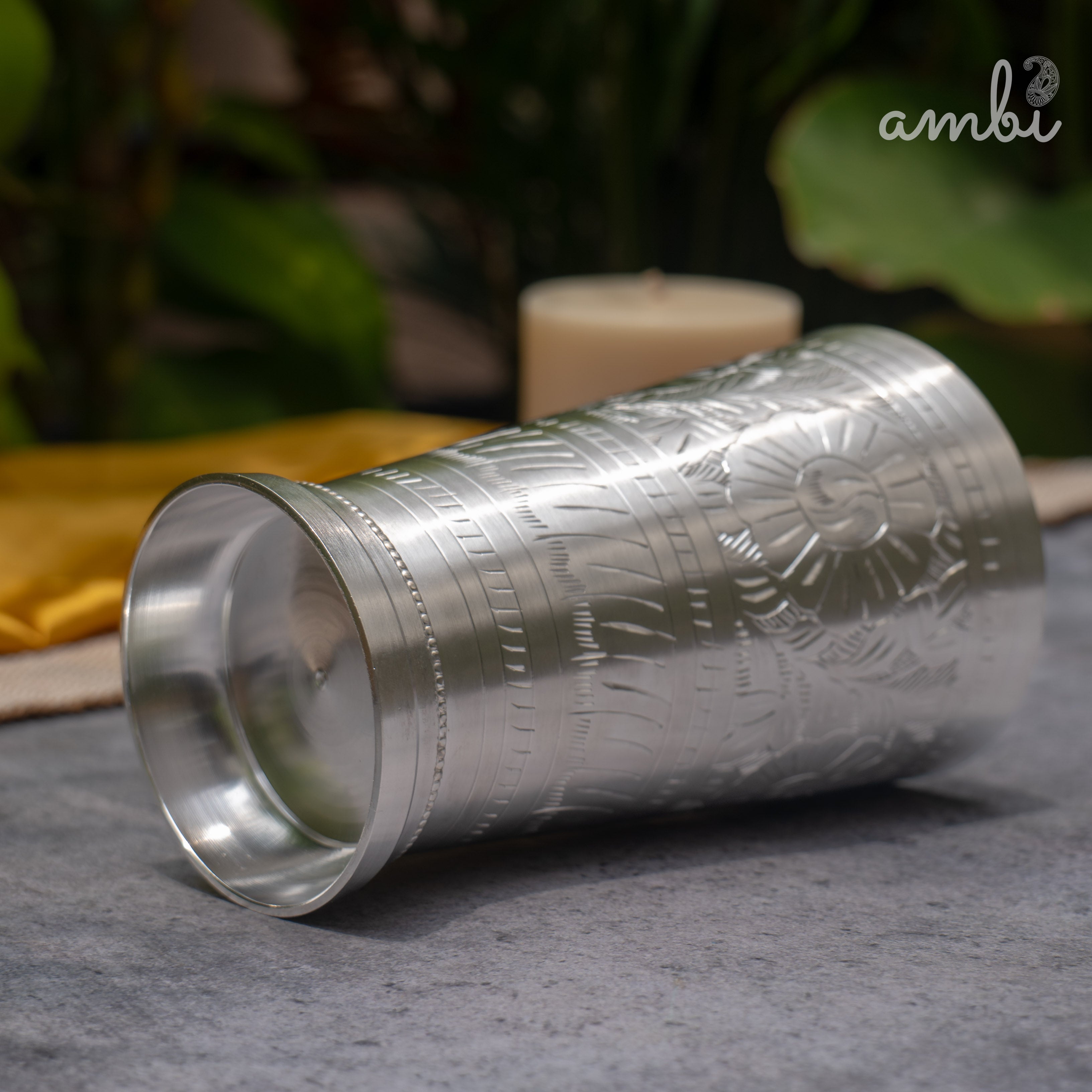 Ambi Pure Silver-Plated Brass Glass – 6 Inch Etched | 475g | 600ml