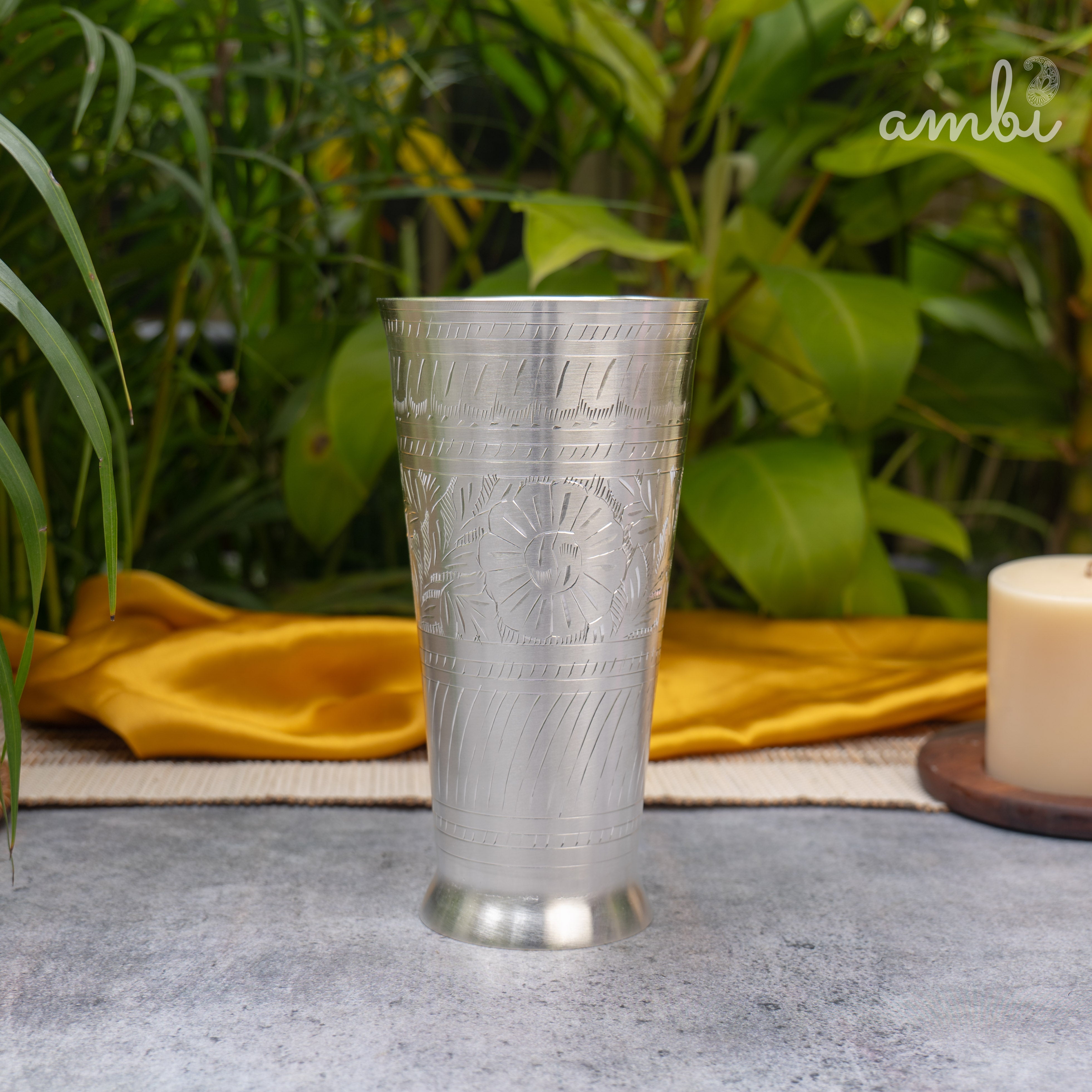 Ambi Silver-Plated Brass Lassi Glass – 6.5 Inch | Etched | 630g | 785ml