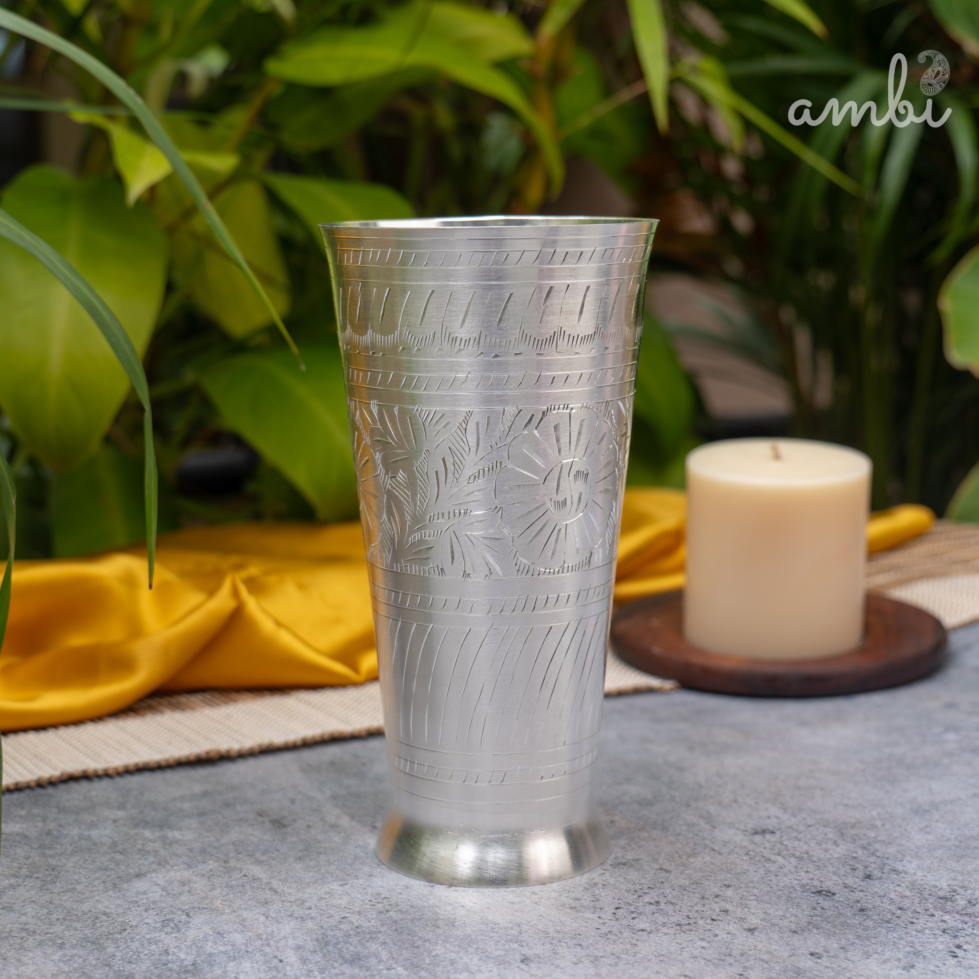 Ambi Silver-Plated Brass Lassi Glass – 6.5 Inch | Etched | 630g | 785ml