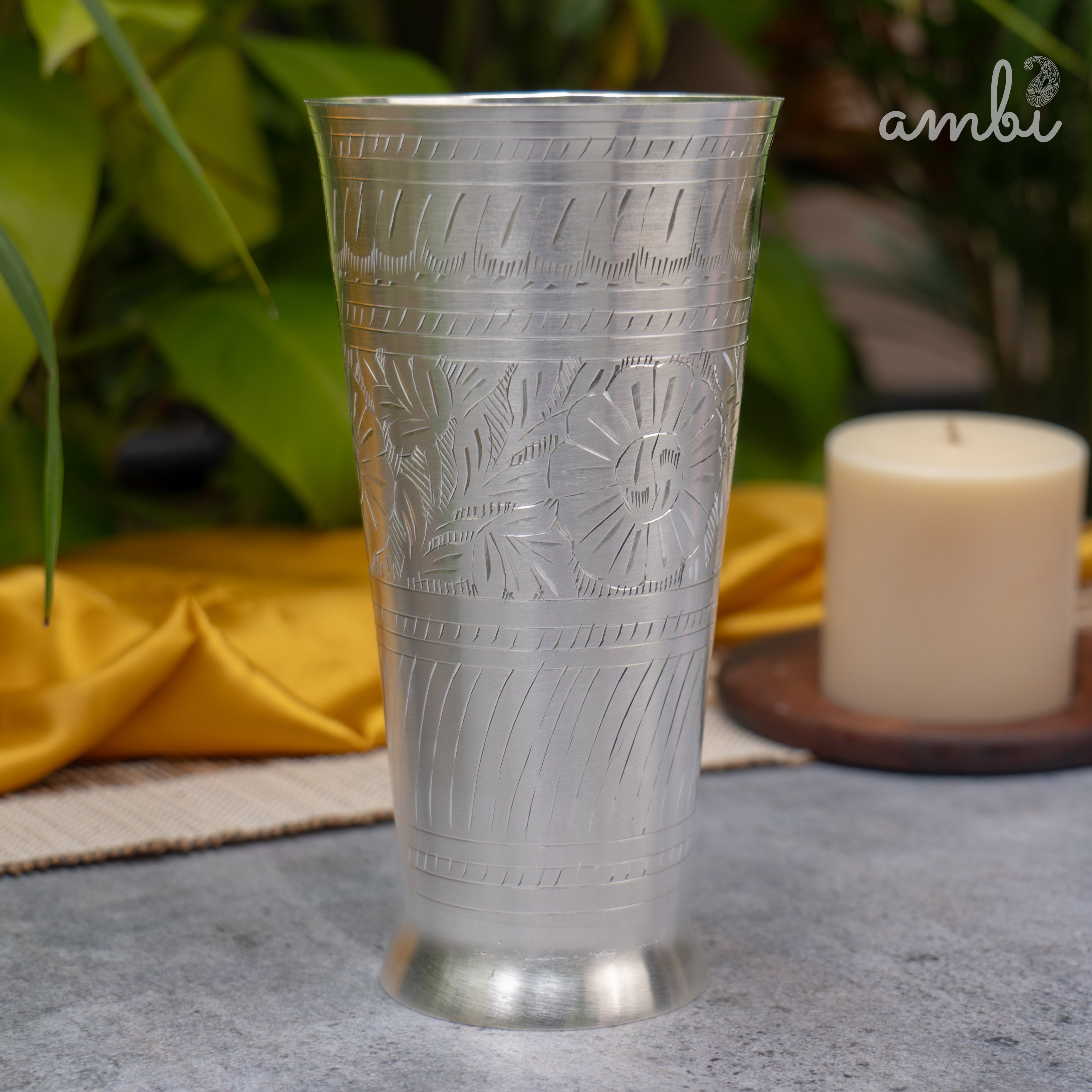 Ambi Silver-Plated Brass Lassi Glass – 6.5 Inch | Etched | 630g | 785ml