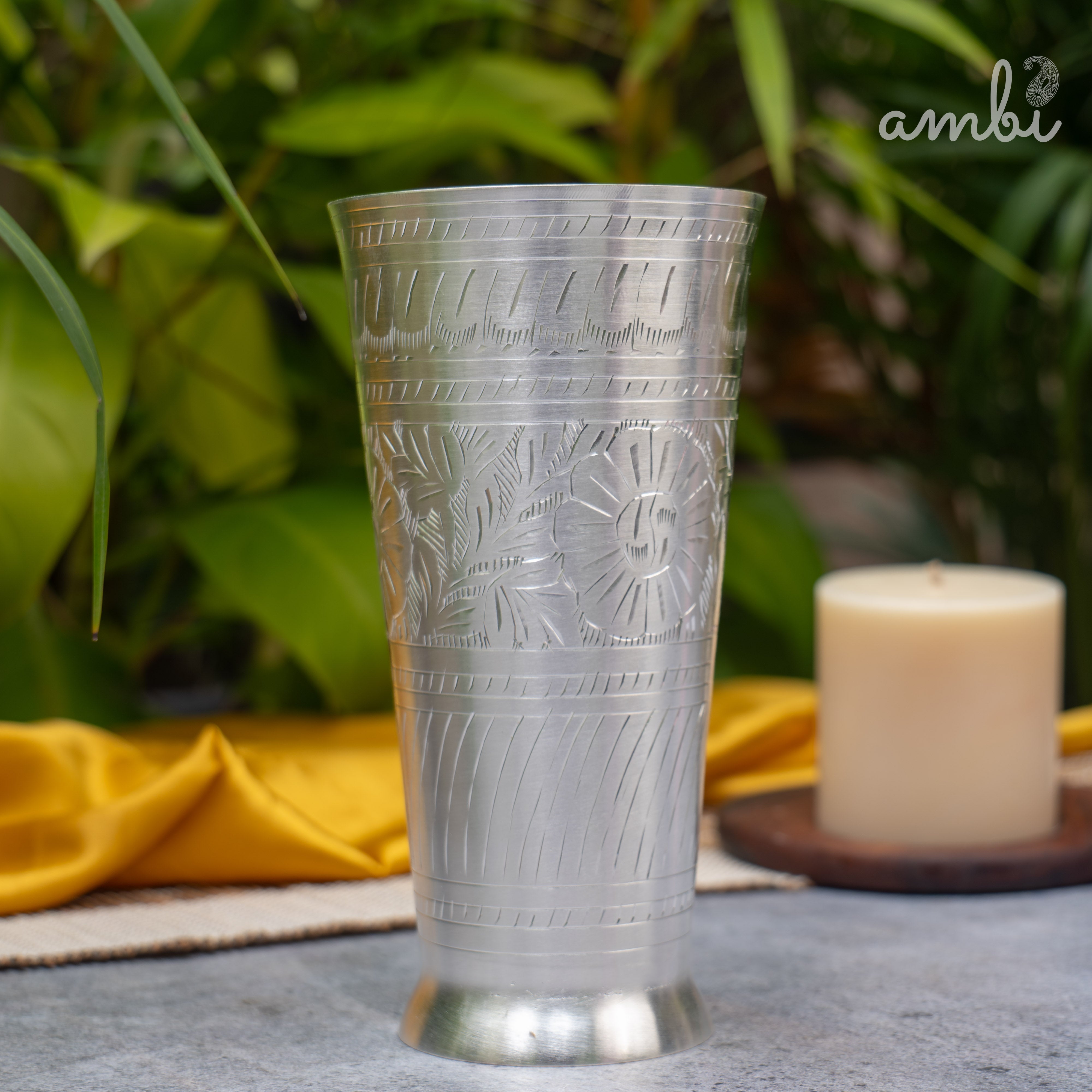 Ambi Silver-Plated Brass Lassi Glass – 6.5 Inch | Etched | 630g | 785ml