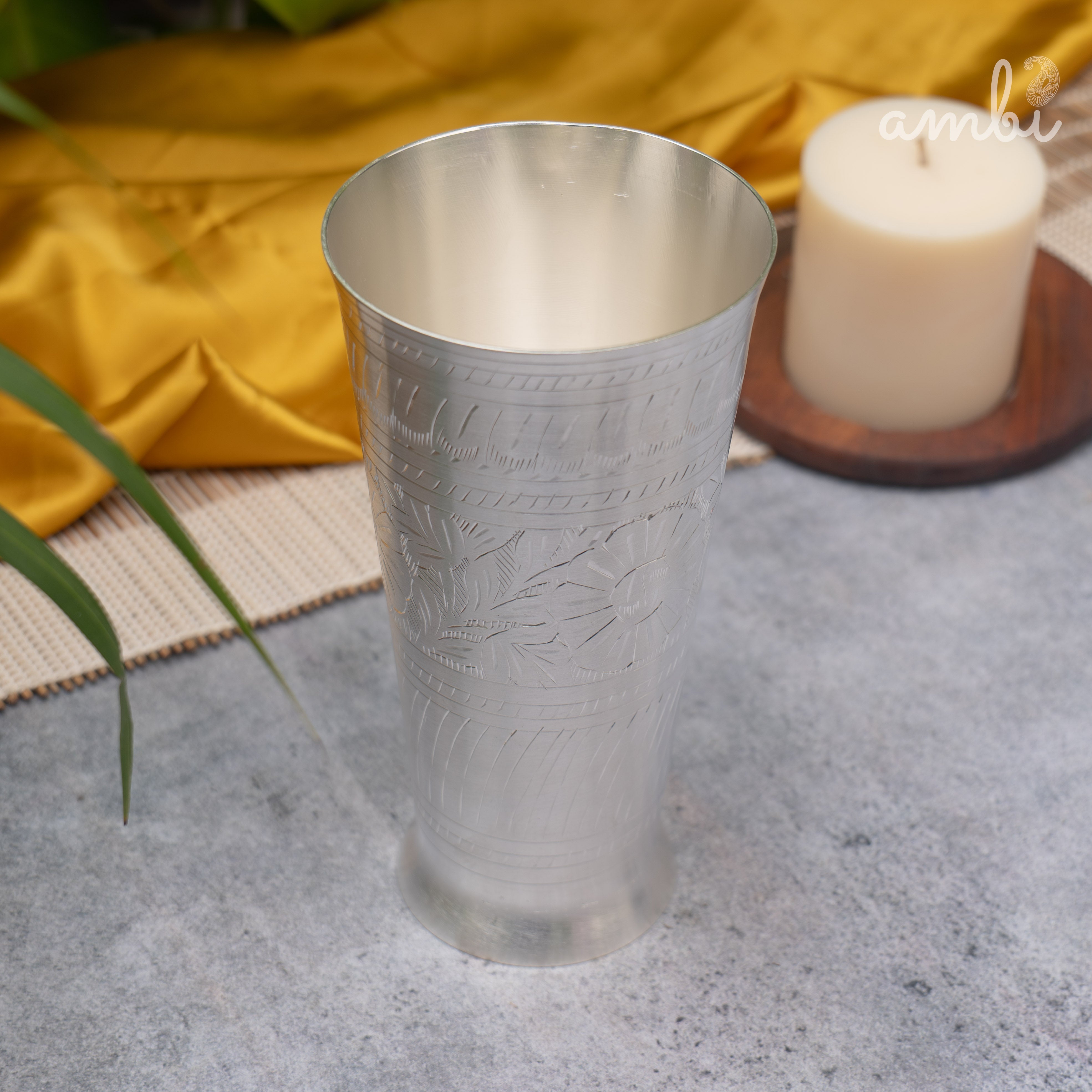 Ambi Silver-Plated Brass Lassi Glass – 6.5 Inch | Etched | 630g | 785ml