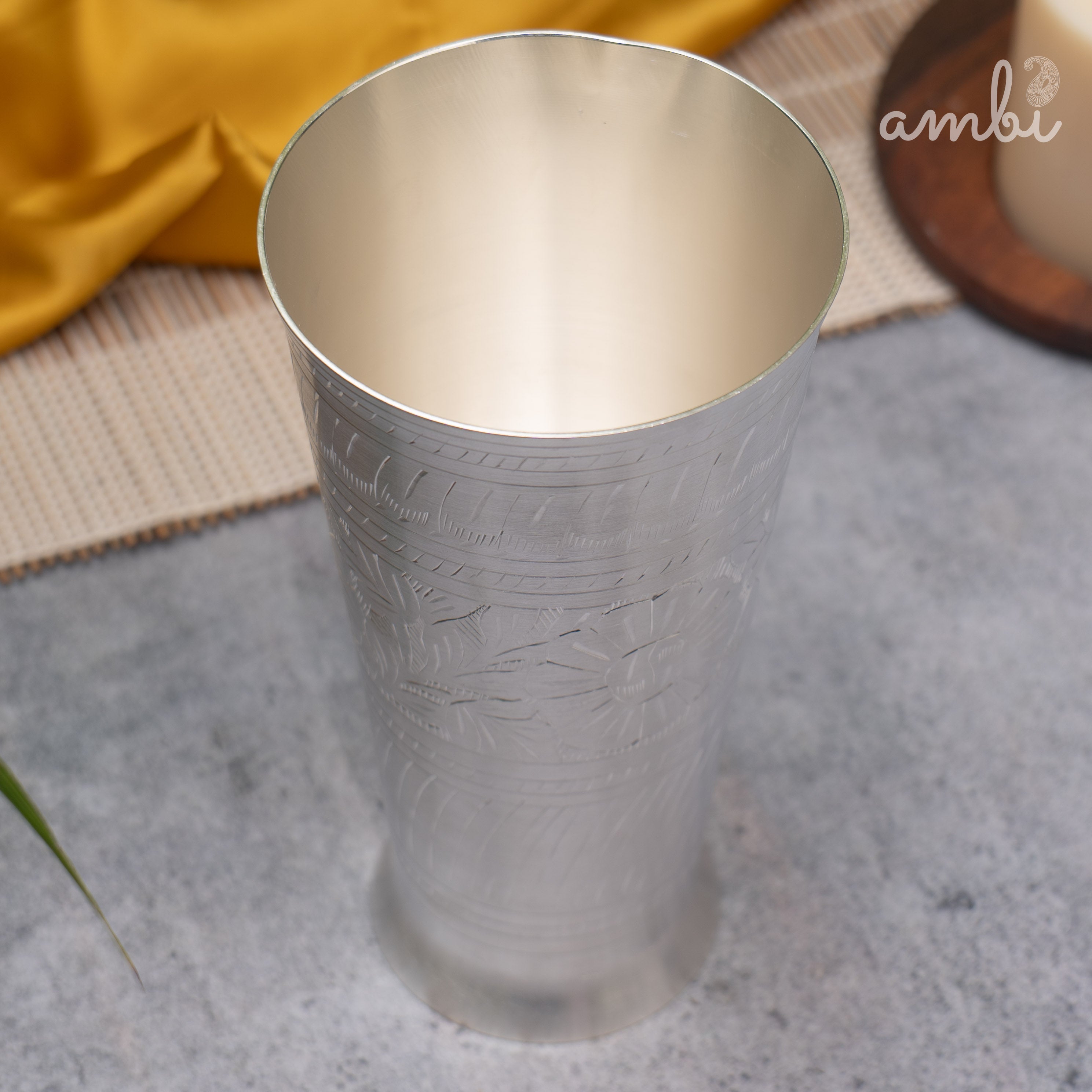 Ambi Silver-Plated Brass Lassi Glass – 6.5 Inch | Etched | 630g | 785ml