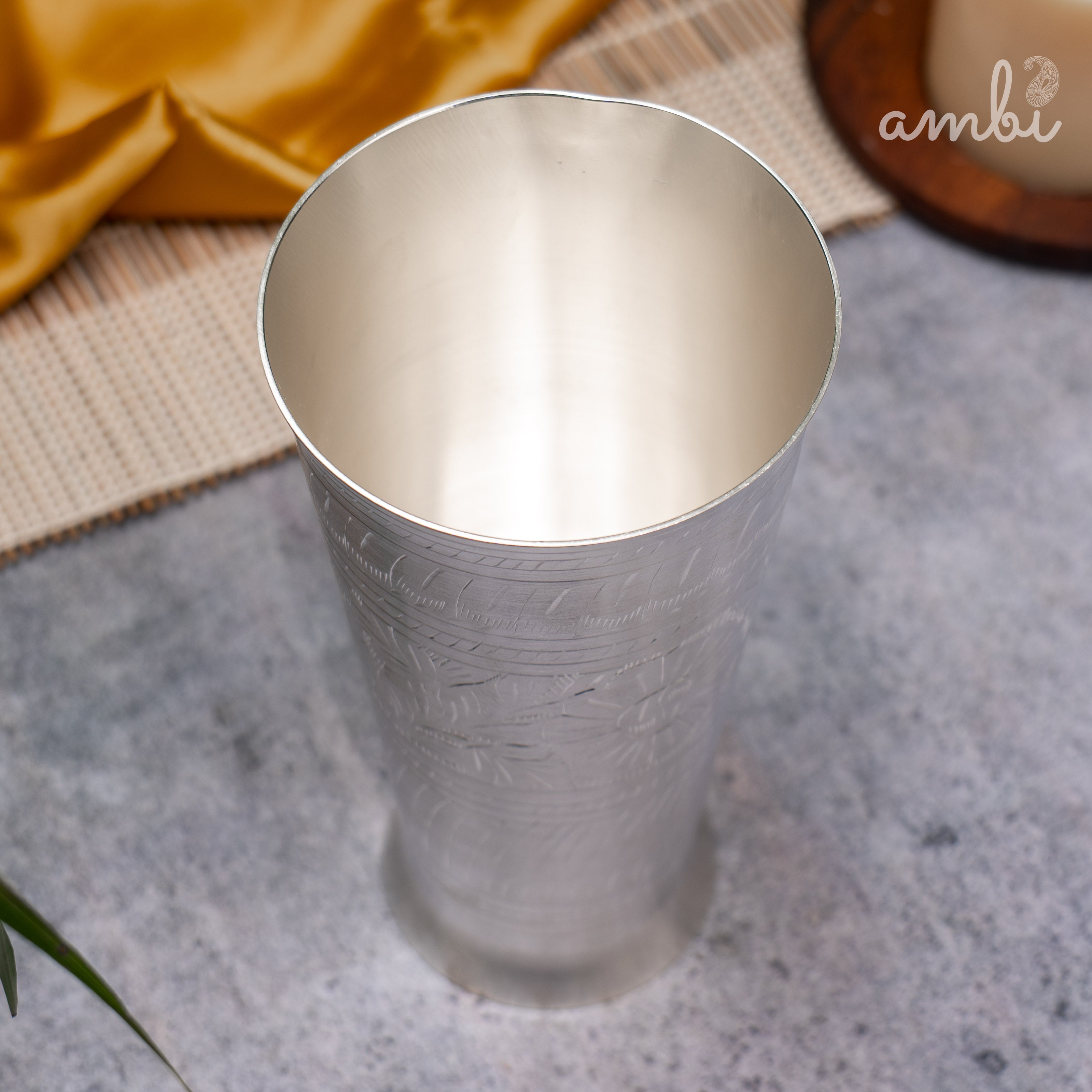 Ambi Silver-Plated Brass Lassi Glass – 6.5 Inch | Etched | 630g | 785ml