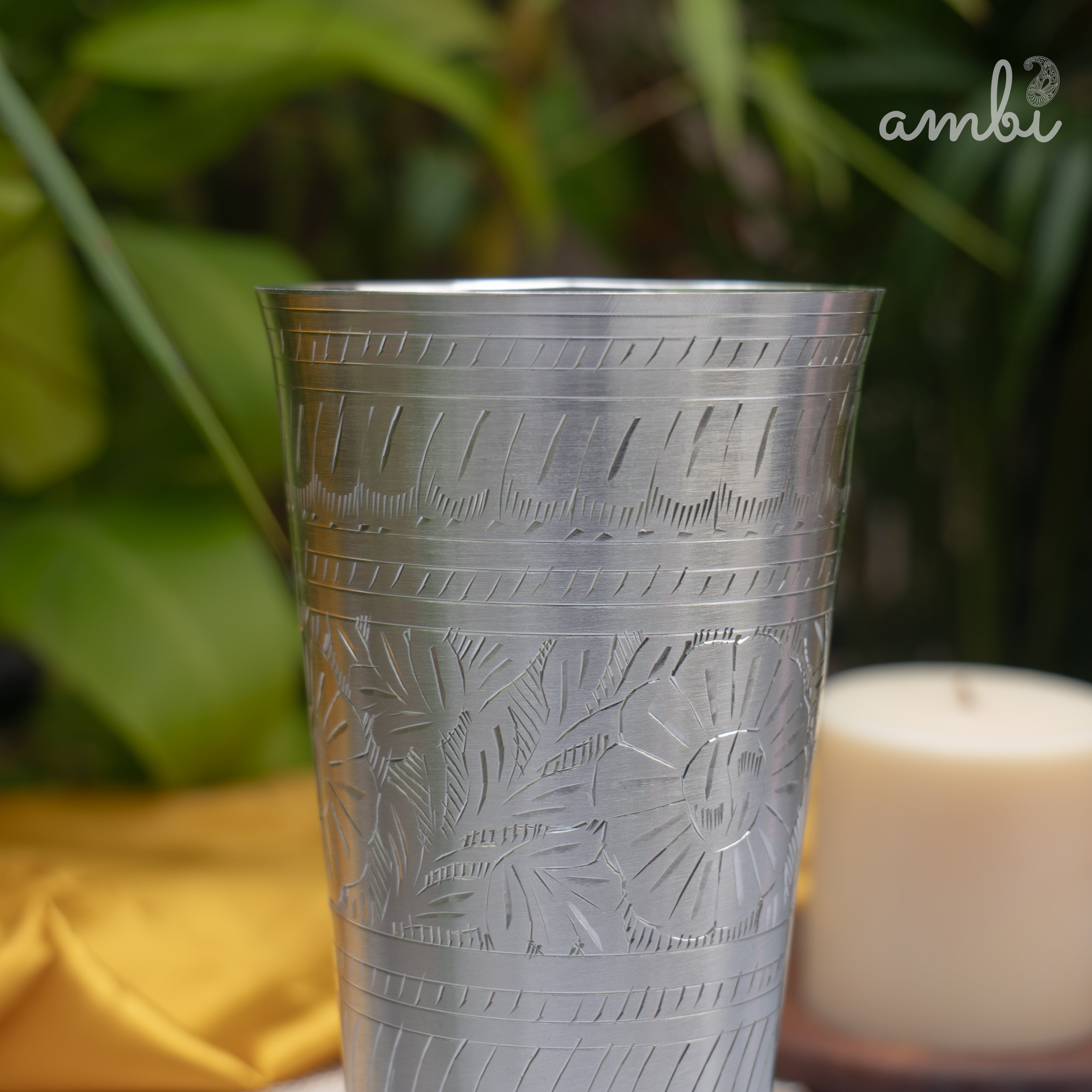 Ambi Silver-Plated Brass Lassi Glass – 6.5 Inch | Etched | 630g | 785ml