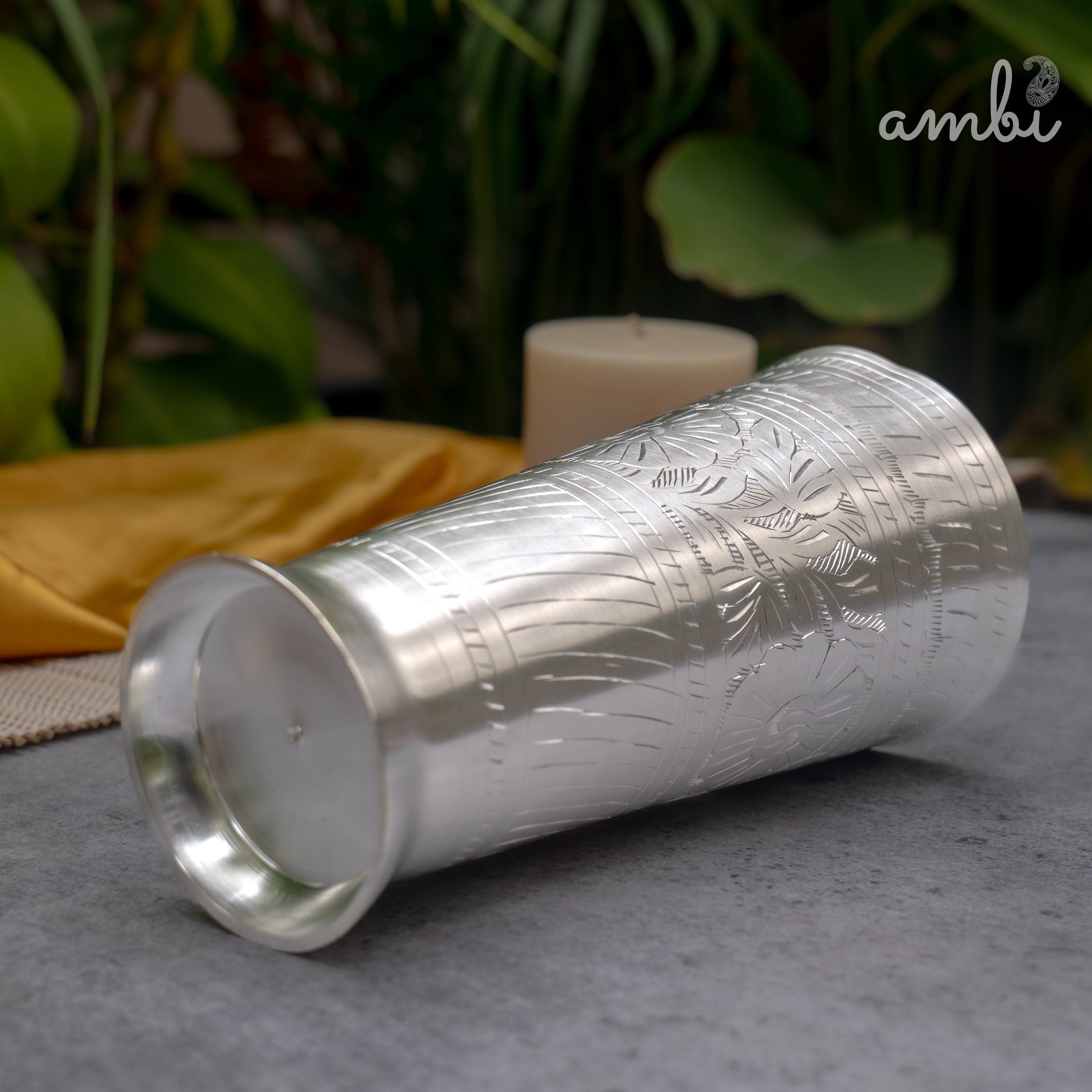 Ambi Silver-Plated Brass Lassi Glass – 6.5 Inch | Etched | 630g | 785ml