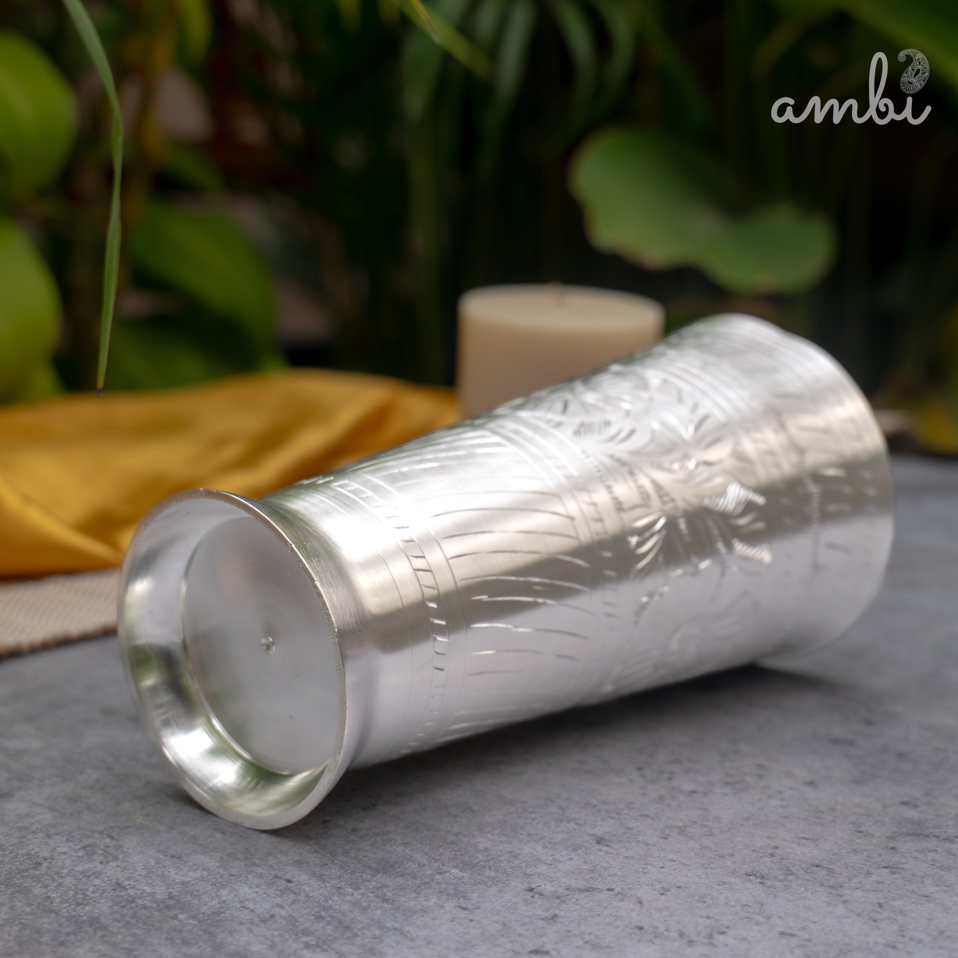 Ambi Silver-Plated Brass Lassi Glass – 6.5 Inch | Etched | 630g | 785ml