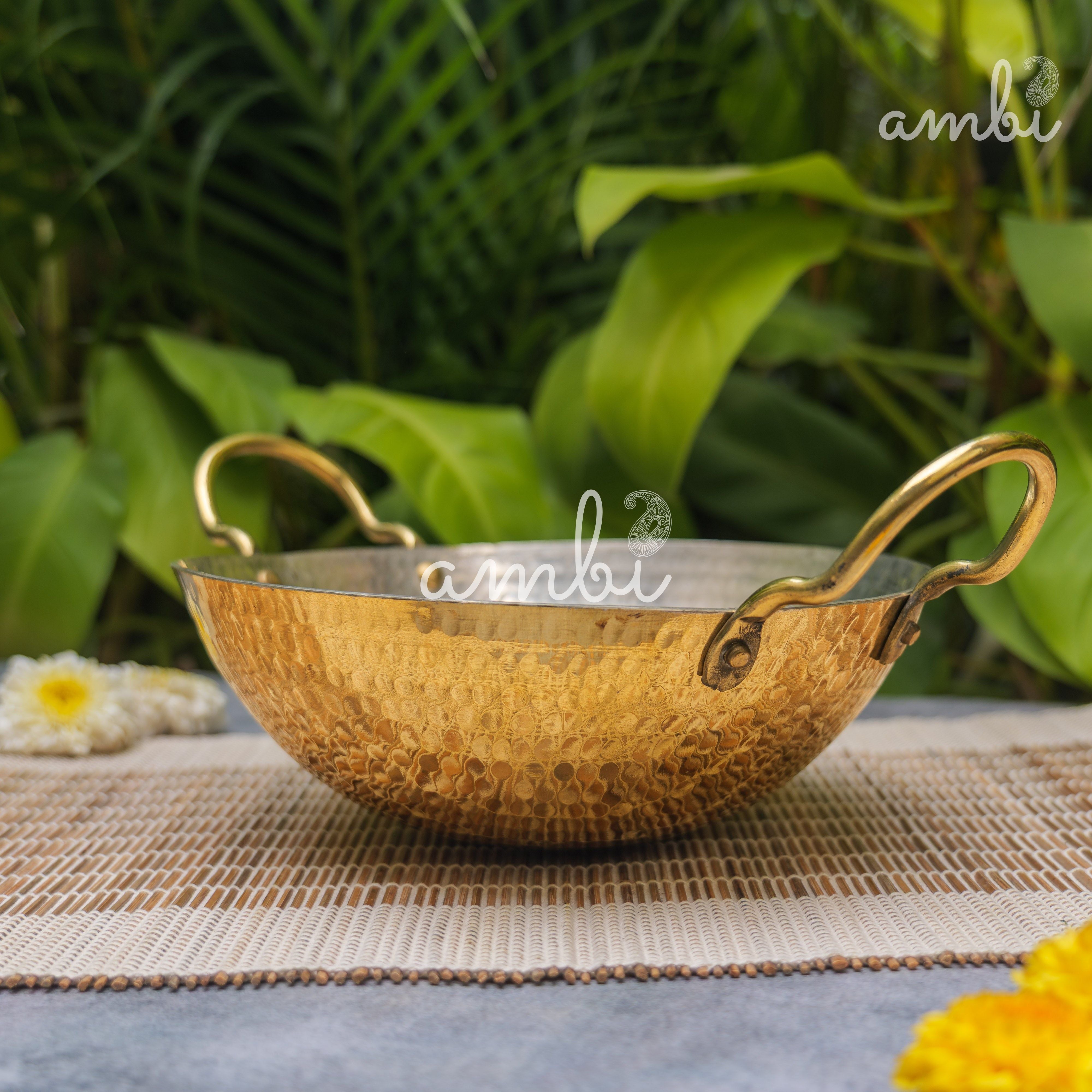 Pure Brass Traditional Hammered Kadhai — 12 Inch | Vintage Style | 1.5 KG | Ambi