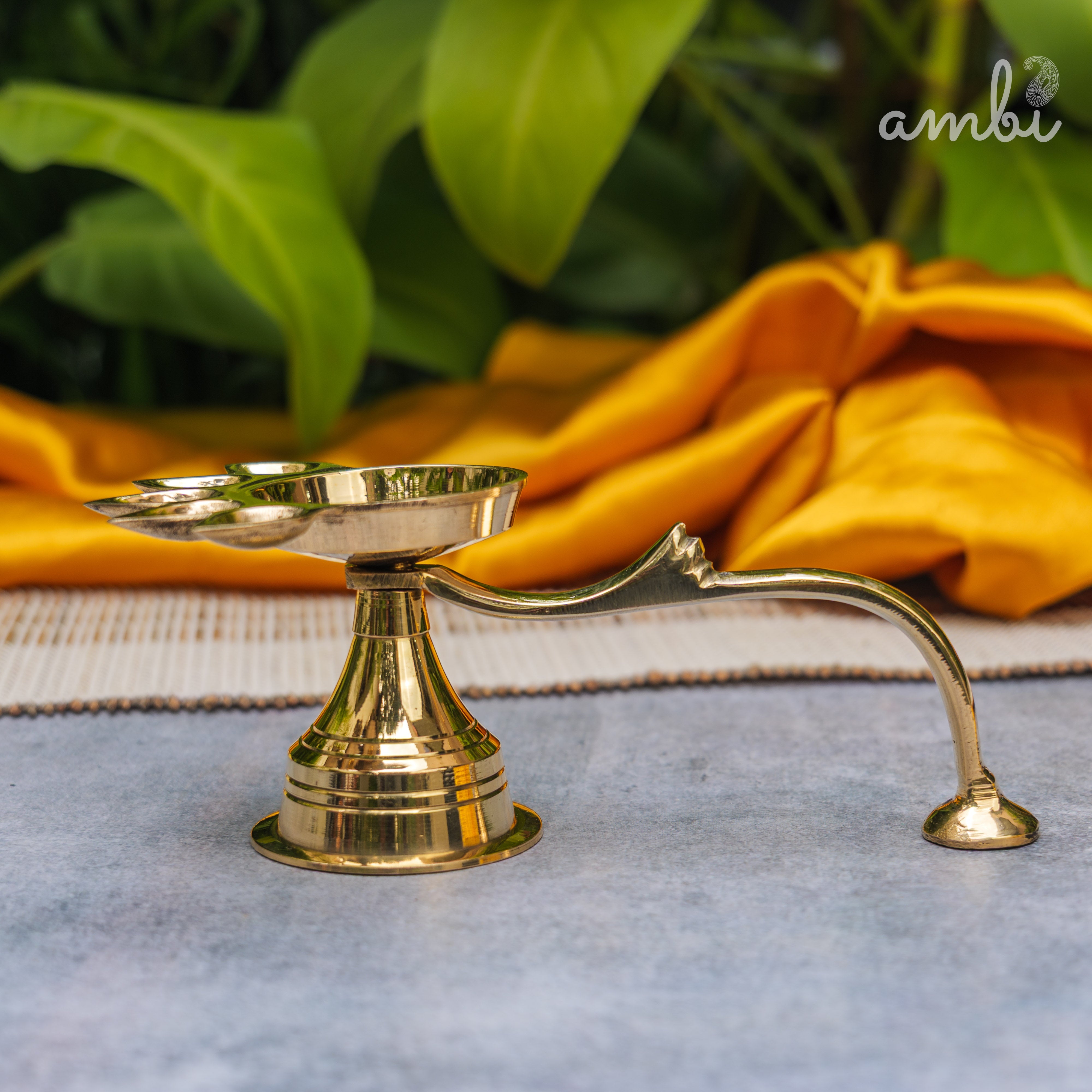 Ambi Home Pure Brass Panch Aarti Dhoop Diya with Handle - 6 inches | Small |