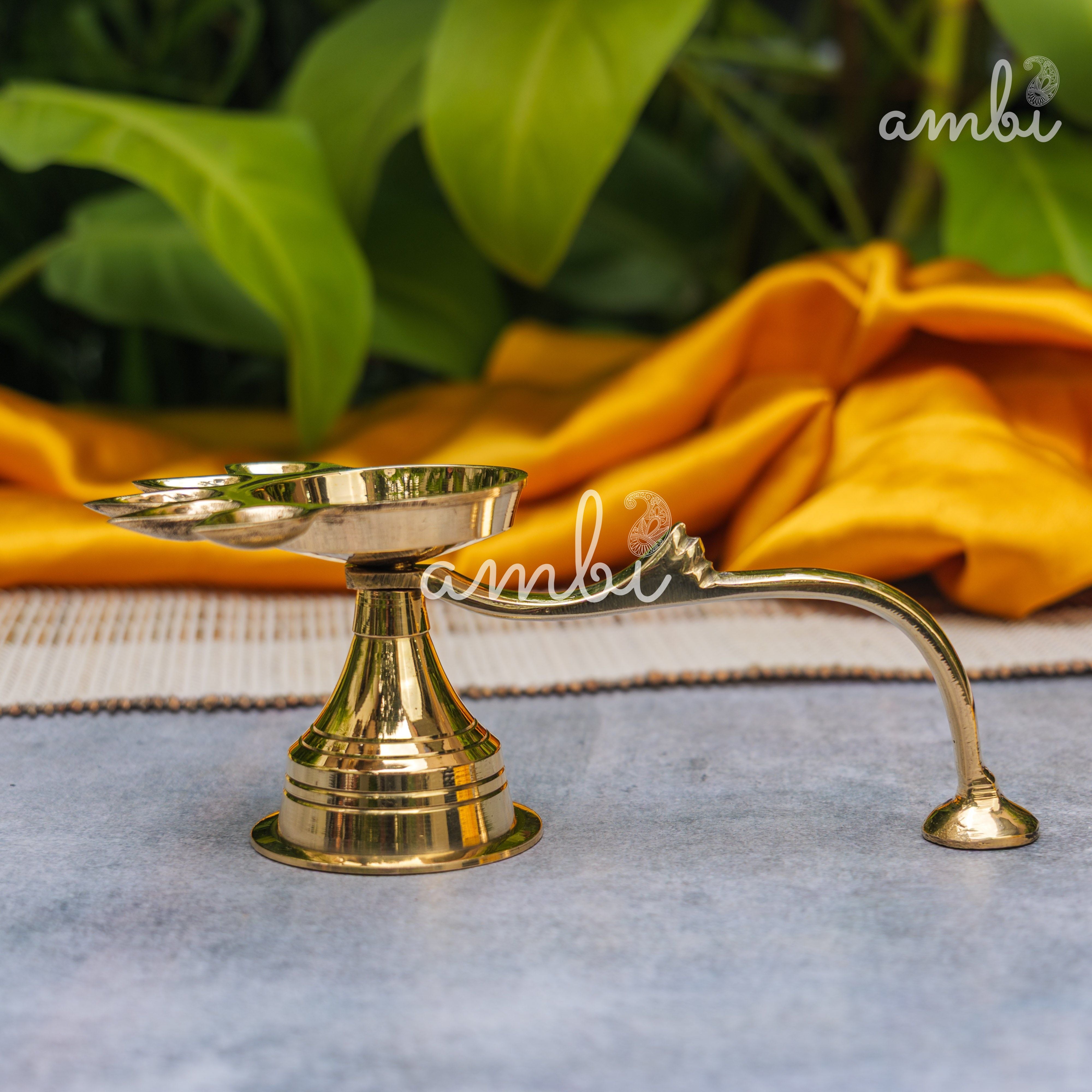 Pure Brass Panch Aarti Dhoop Diya with Handle - 6 inches