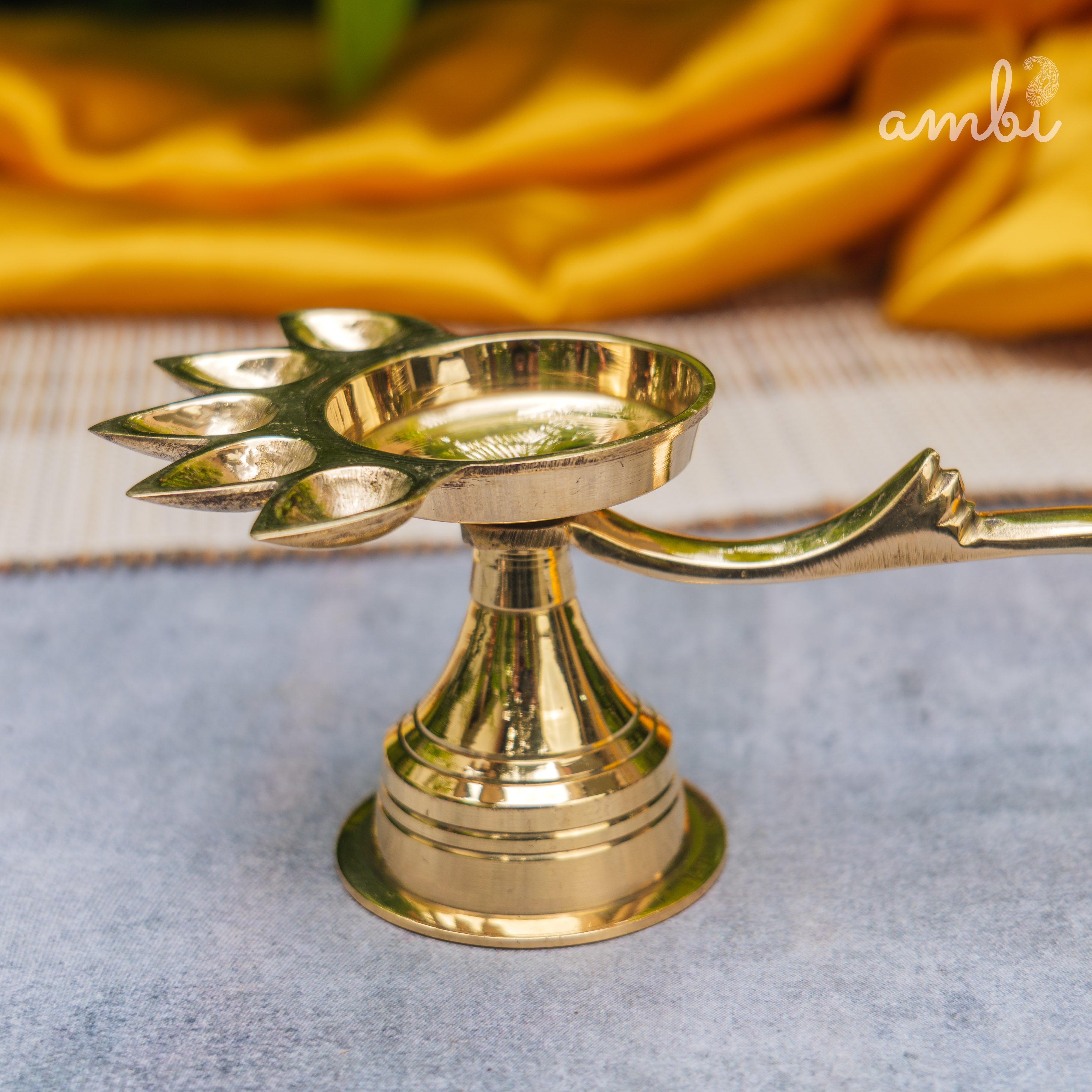 Ambi Home Pure Brass Panch Aarti Dhoop Diya with Handle - 6 inches | Small |