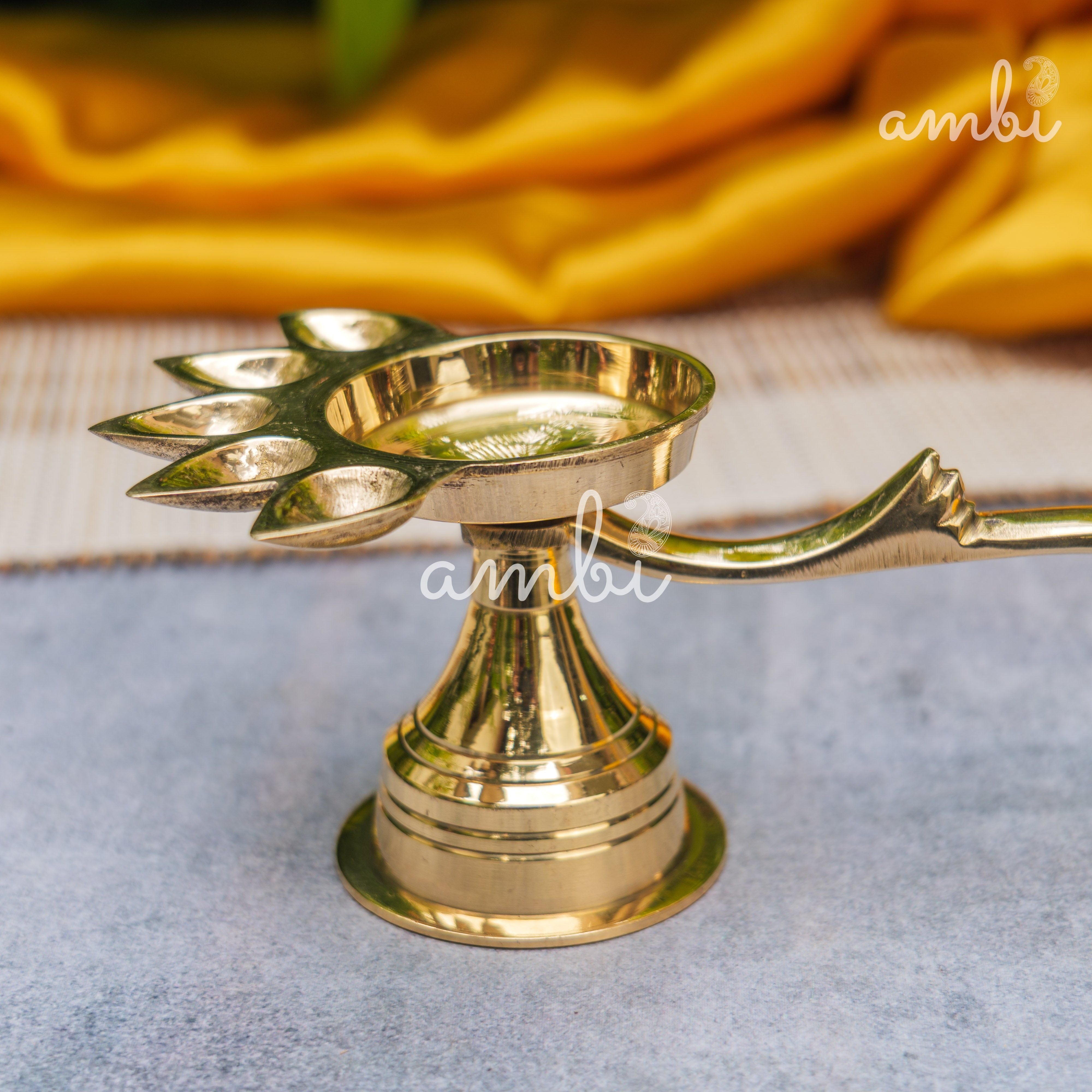 Pure Brass Panch Aarti Dhoop Diya with Handle - 6 inches