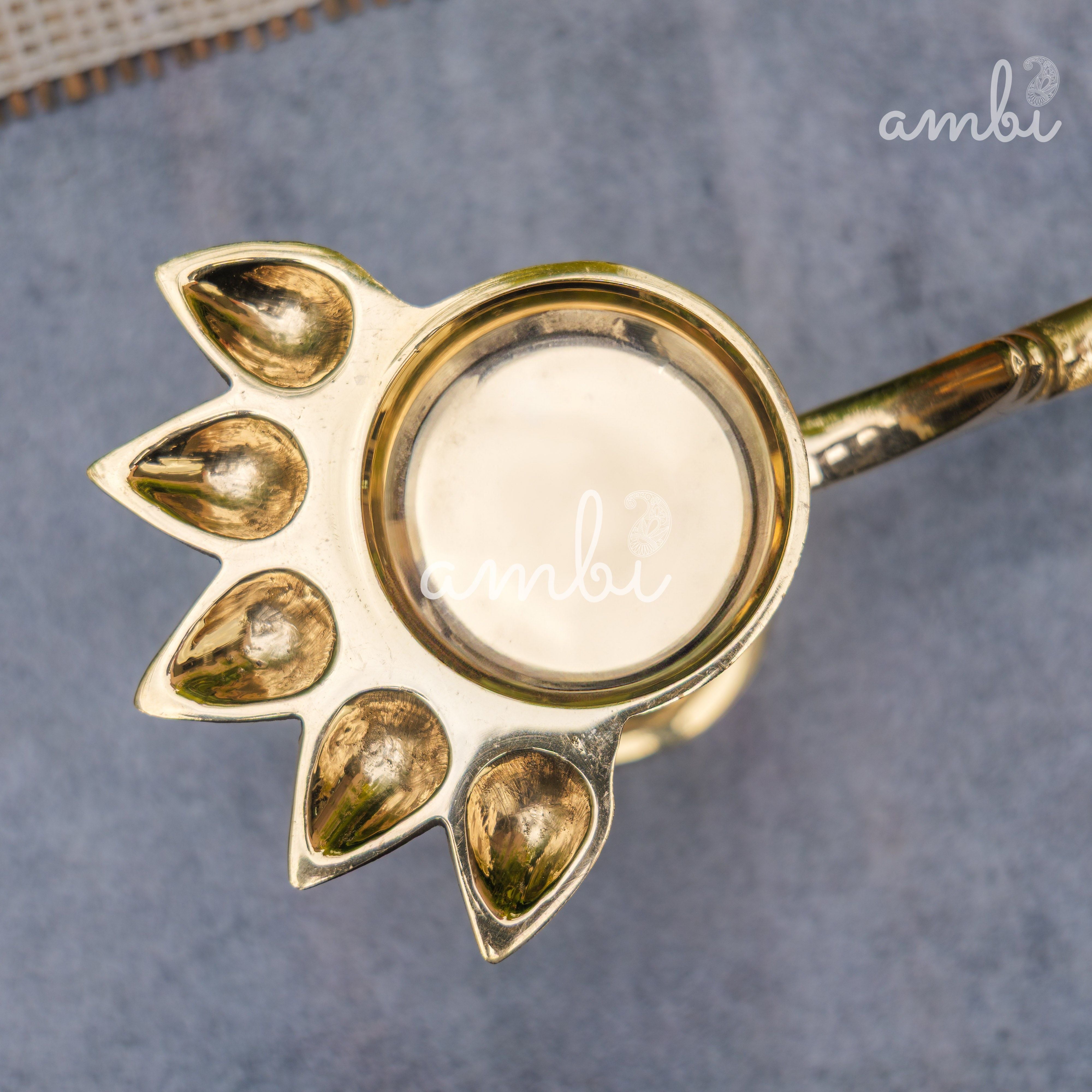 Ambi Home Pure Brass Panch Aarti Dhoop Diya with Handle - 6 inches | Small |