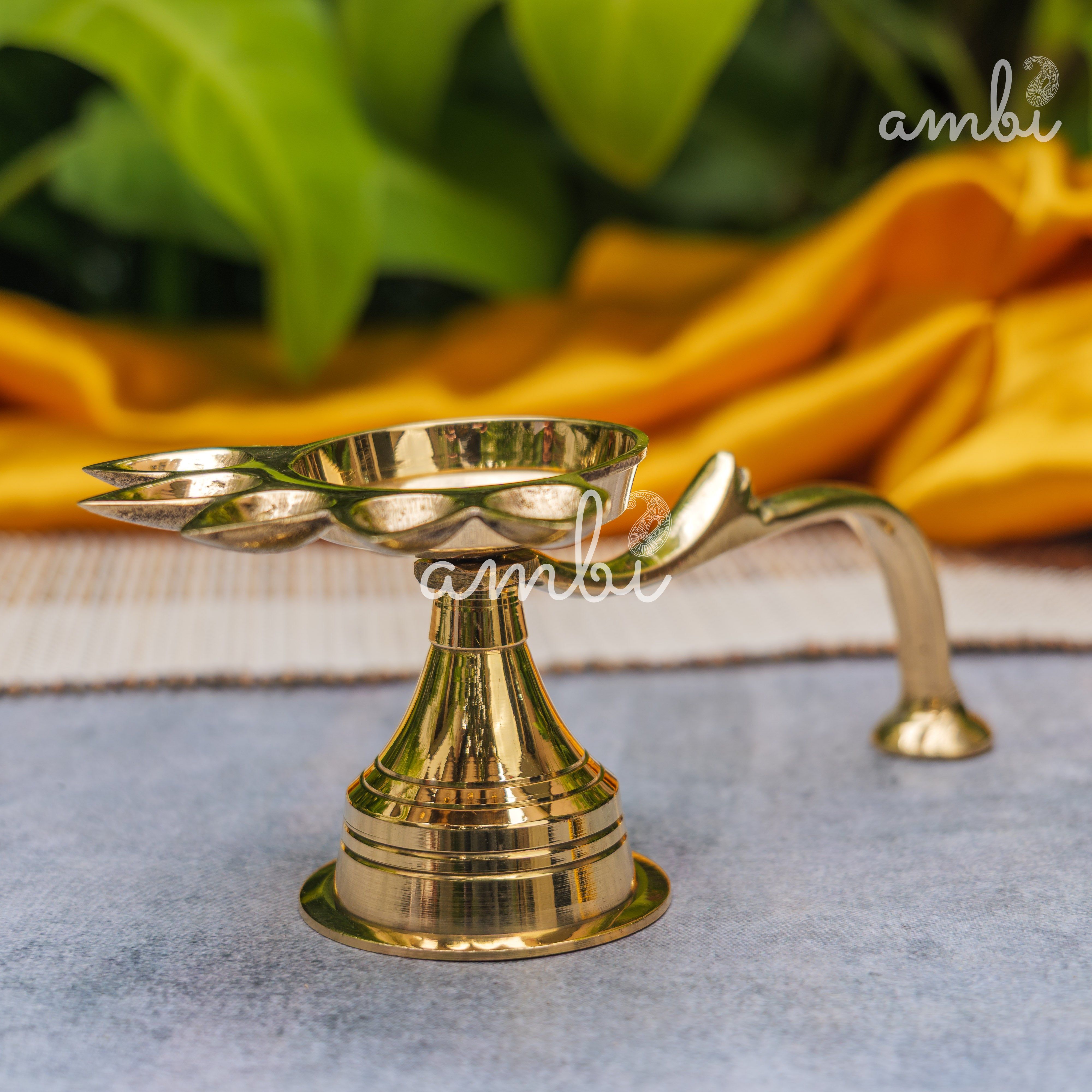 Ambi Home Pure Brass Panch Aarti Dhoop Diya with Handle - 6 inches | Small |